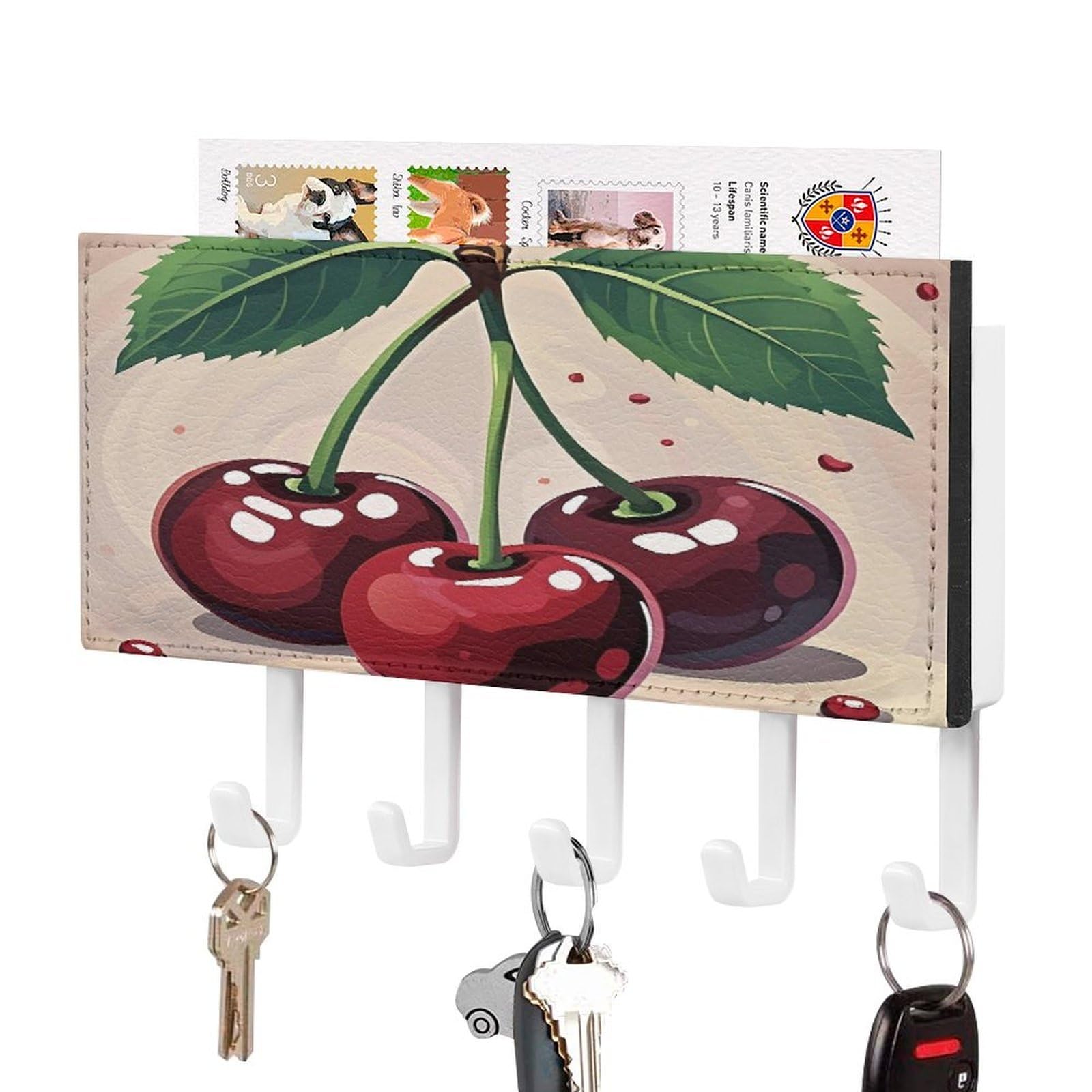 FekiLoot Cherry Fruit Key Holder Wall Mount Key Hanger with 5 Hooks Decorative Key Rack Hanging Key Hooks with Mail Organizer Key Holder for Wall Living Room Kitchen Bathroom Hallway White