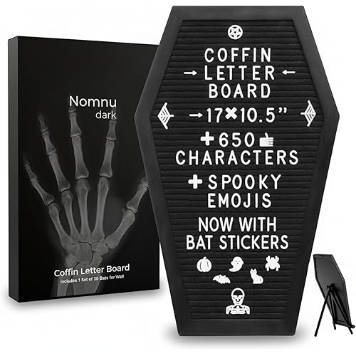 Coffin Letter Board Black +3D Bat Stickers +650 Characters, Spooky & Seasonal Emojis, Wooden Stand - 17x10.5 Inches - Coffin Shaped Goth Decor Sign Witchy Halloween Decorations Gothic Decor Birthday Wedding Home Spooky Gifts