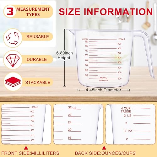 Miniatura 4 de Kanayu 36 tazas medidoras de plástico transparentes con boquilla y asa de capacidad de agarre, jarra graduada transparente para líquidos de agua