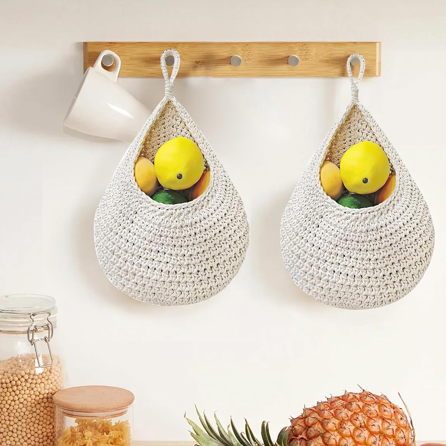 Hanging Fruit Basket Wall Hanging Basket Kitchen Organizer Produce Holder Storage Macrame Basket for Wife Mom 1 Pcs(Brown)