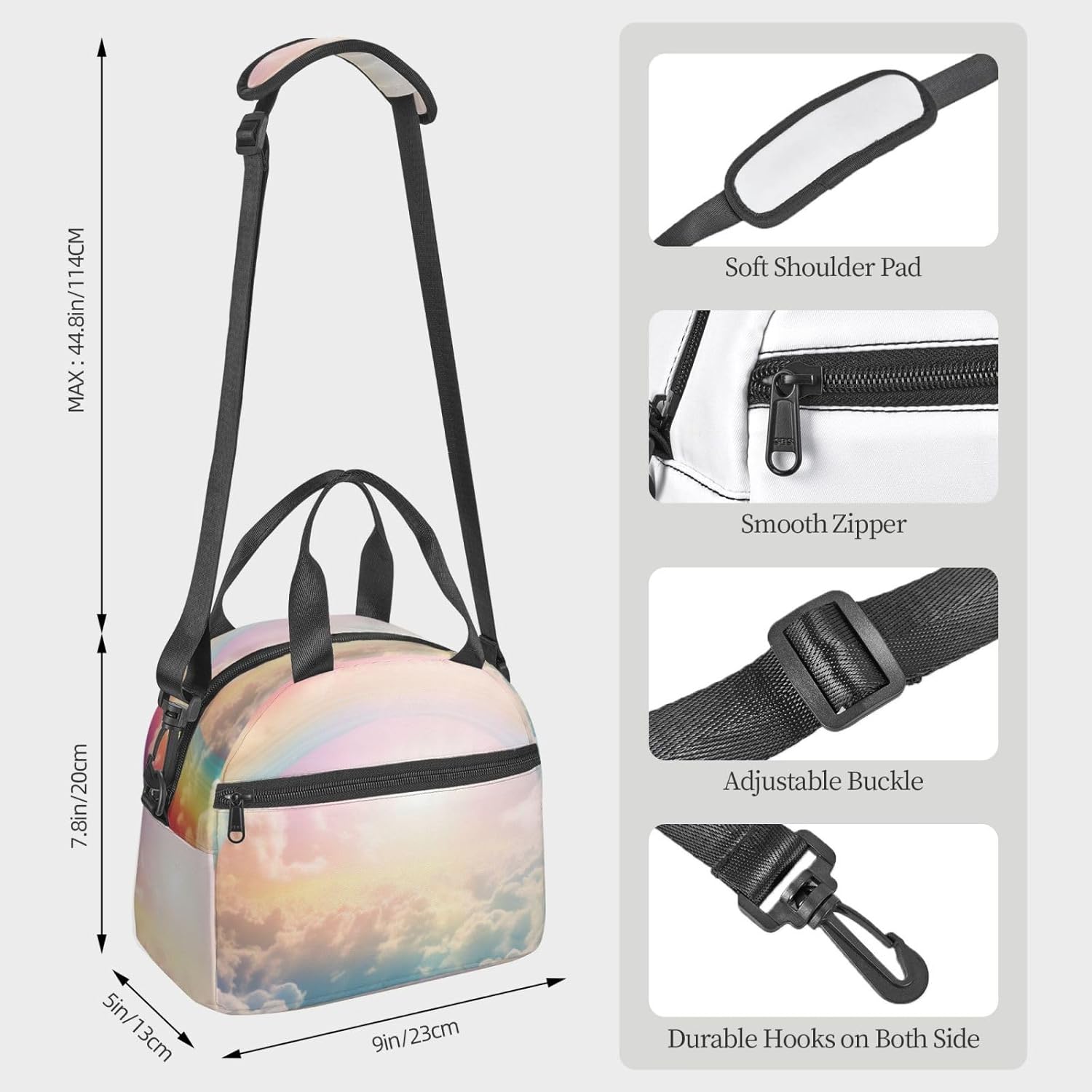 Rainbow Print Reusable Lunch Bag Insulated Lunch Boxes for Office Work Picnic Tote Bag Adjustable