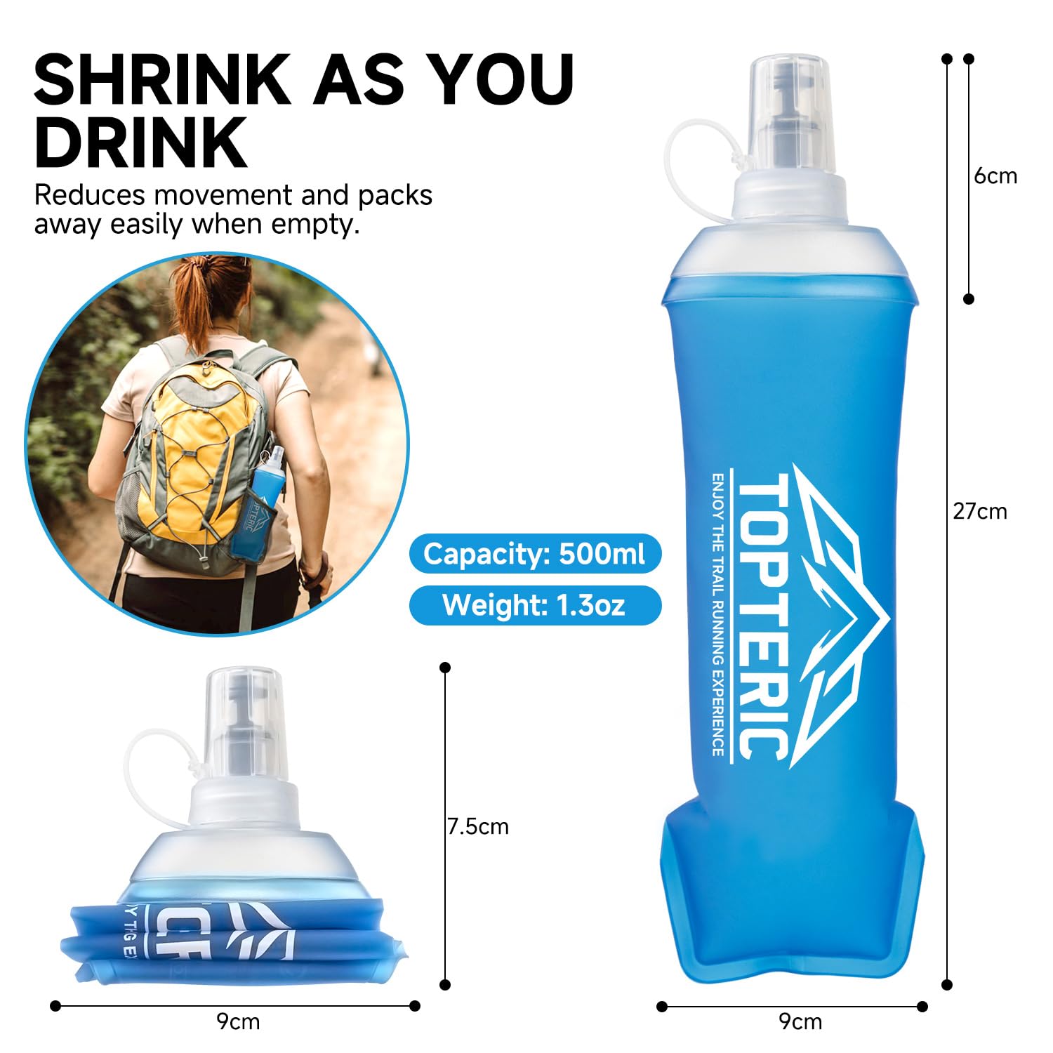 Botella de agua Trail Run, disfruta de la experiencia de trail running, azul (500 ml)