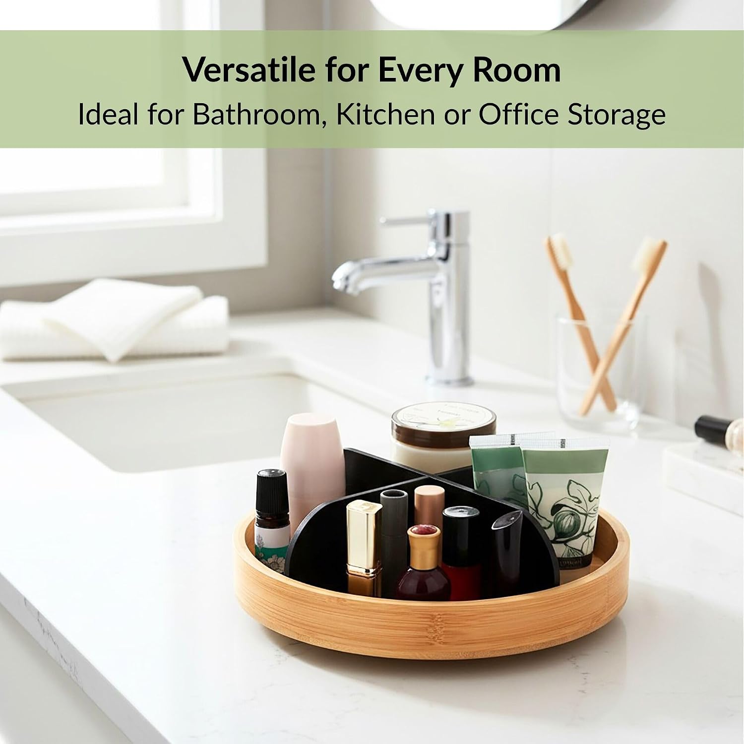 Rotating Bathroom Organizer with 4 Compartments - 360° Swivel Countertop or Vanity Tray for Cosmetics, perfumes, Toiletries - Compact Bamboo Base with Matte Black Finish