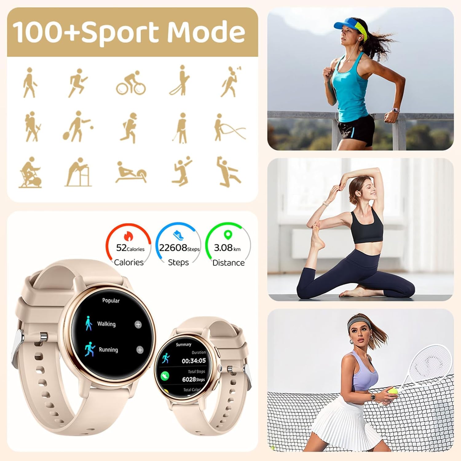 Smart Watches for Women with Flashlight Heart Rate Monitor Pedometer Sleep Monitor Bluetooth Call 100+ Sport Modes Fitness Tracker Fitness Watch for Android iOS