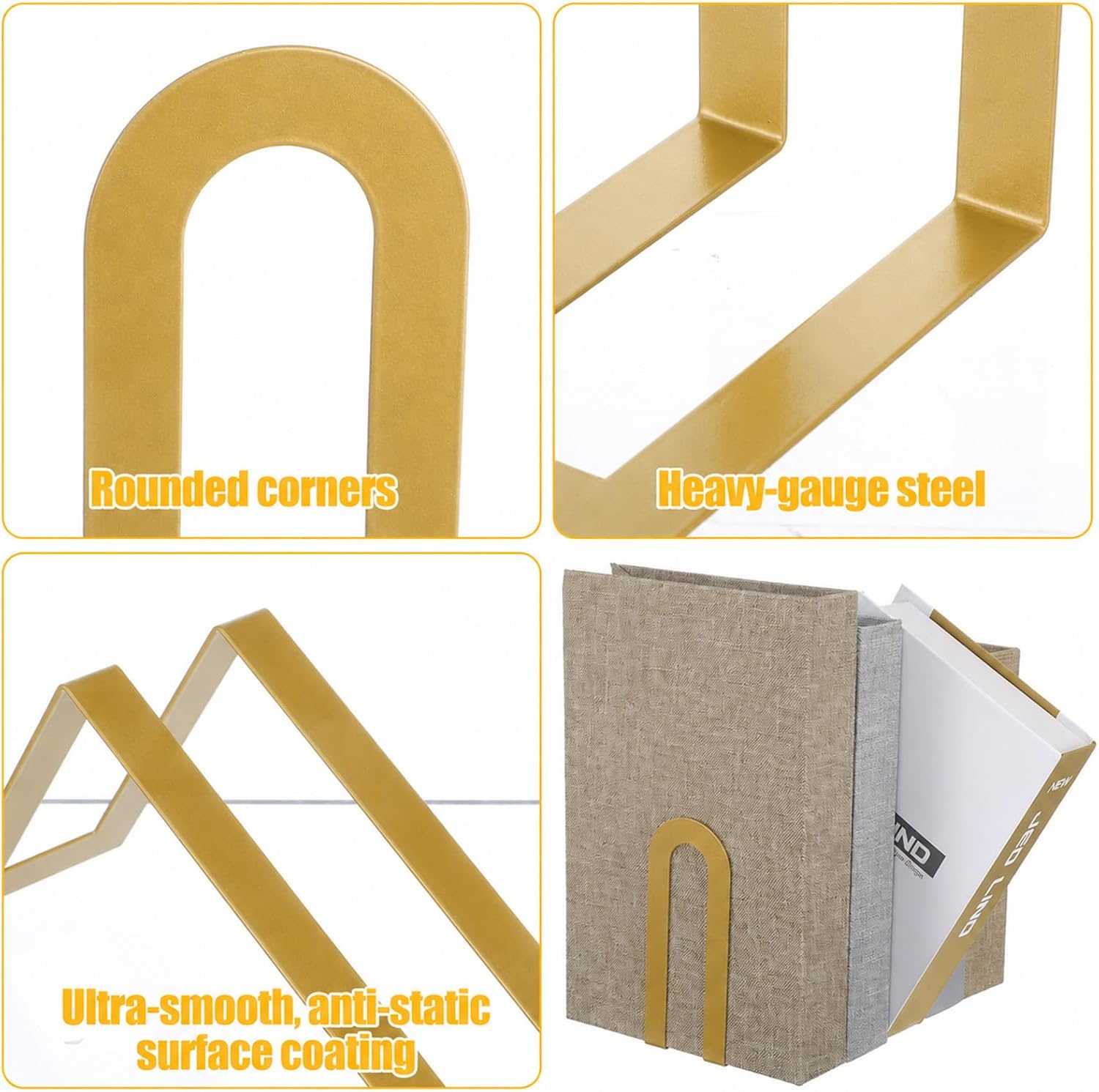 6 Pcs Modern Metal Bookends for Shelves, 5.5 x 3.75 x 2.25inch, Gold image 4
