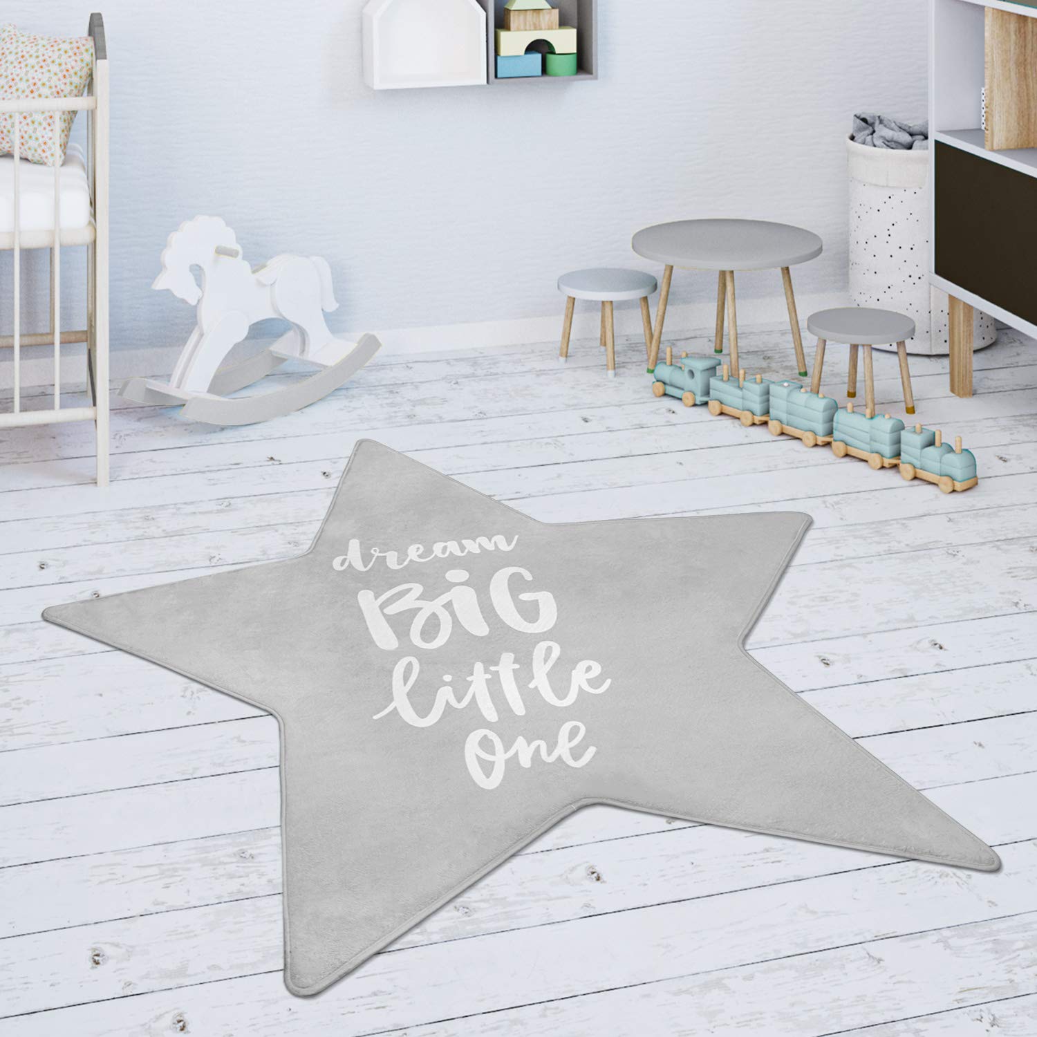 Paco Home Kinderteppich Teppich Kinderzimmer Spielmatte Babymatte rutschfest Modern Sterne Schriftzug, Grösse:120 cm Stern-Form, Farbe:Grau