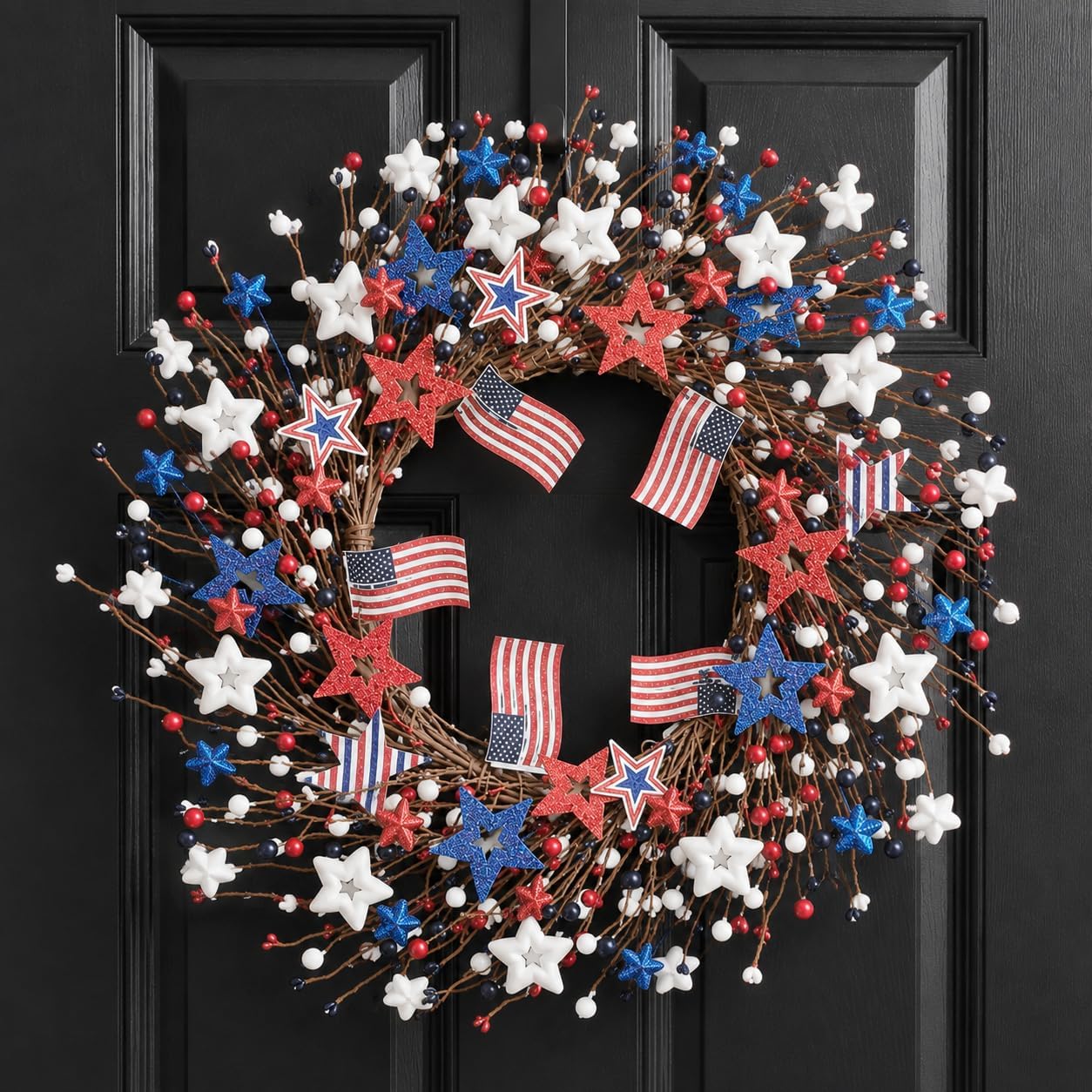TEMPUS 22 Inch Patriotic Wreath for Front Door, 4th of July Memorial Day Wreath with Glitter Stars American Flags and Red White Blue Berries for Farmhouse Summer Decor