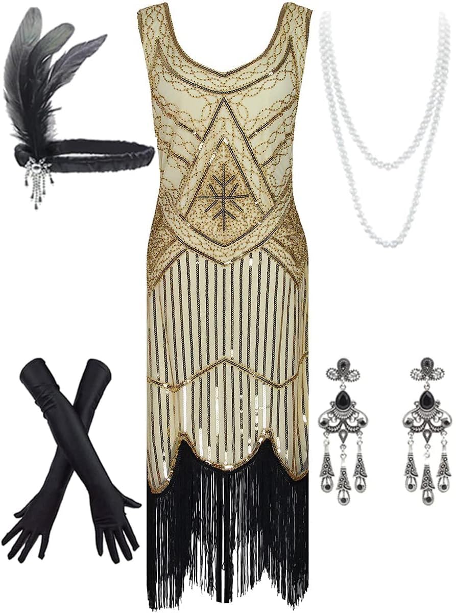 Women's Vintage 1920s Sequin Beaded Tassels Hem Flapper Dress w/Accessories Set