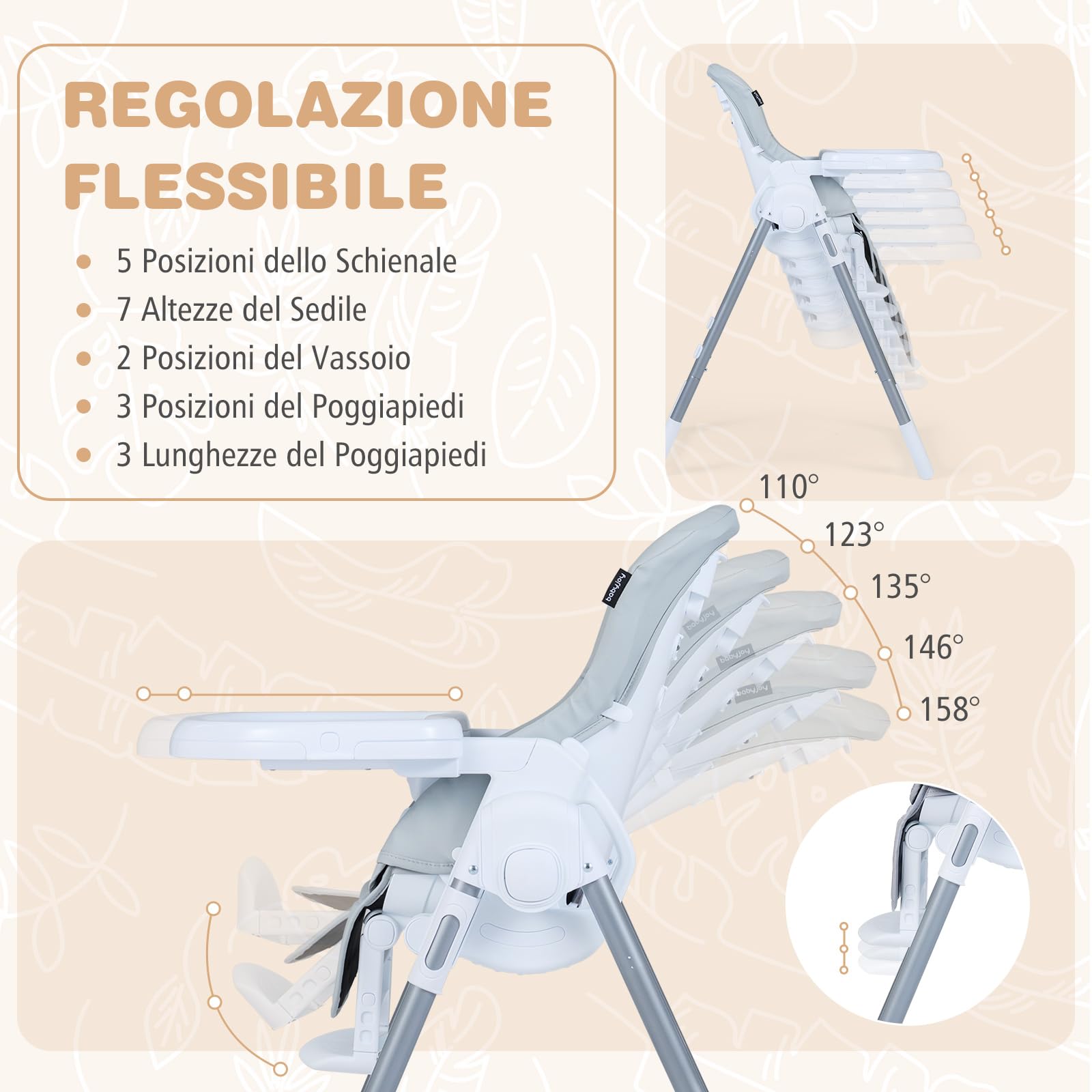 COSTWAY Seggiolone Pappa Portatile, con Altezza Regolabile, Schienale Reclinabile e Vassoio Rimovibile, Seggiolone Evolutivo Pieghevole con Cintura e 2 Ruote, per Bambini 6-36 Mesi (Grigio Chiaro)