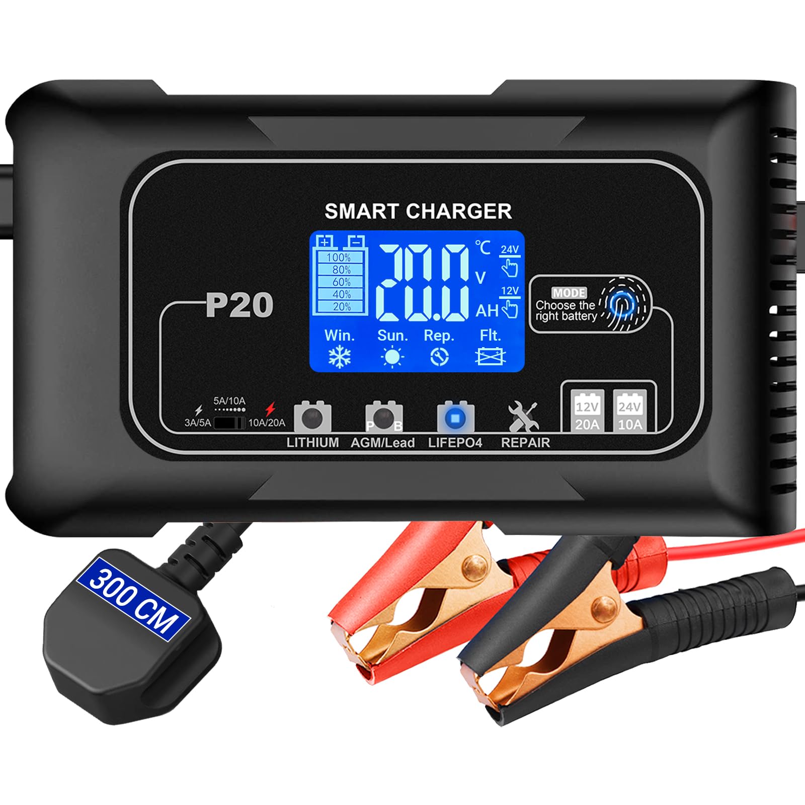 Intelligentes 9-Stufen Ladegerät 20A Batterieladegerät 12V 24V
