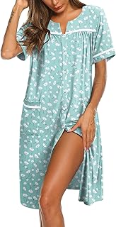 Ekouaer Nightgowns for Women House Dress with Pockets Button Down Sleepshirt Short Sleeve Nightshirt