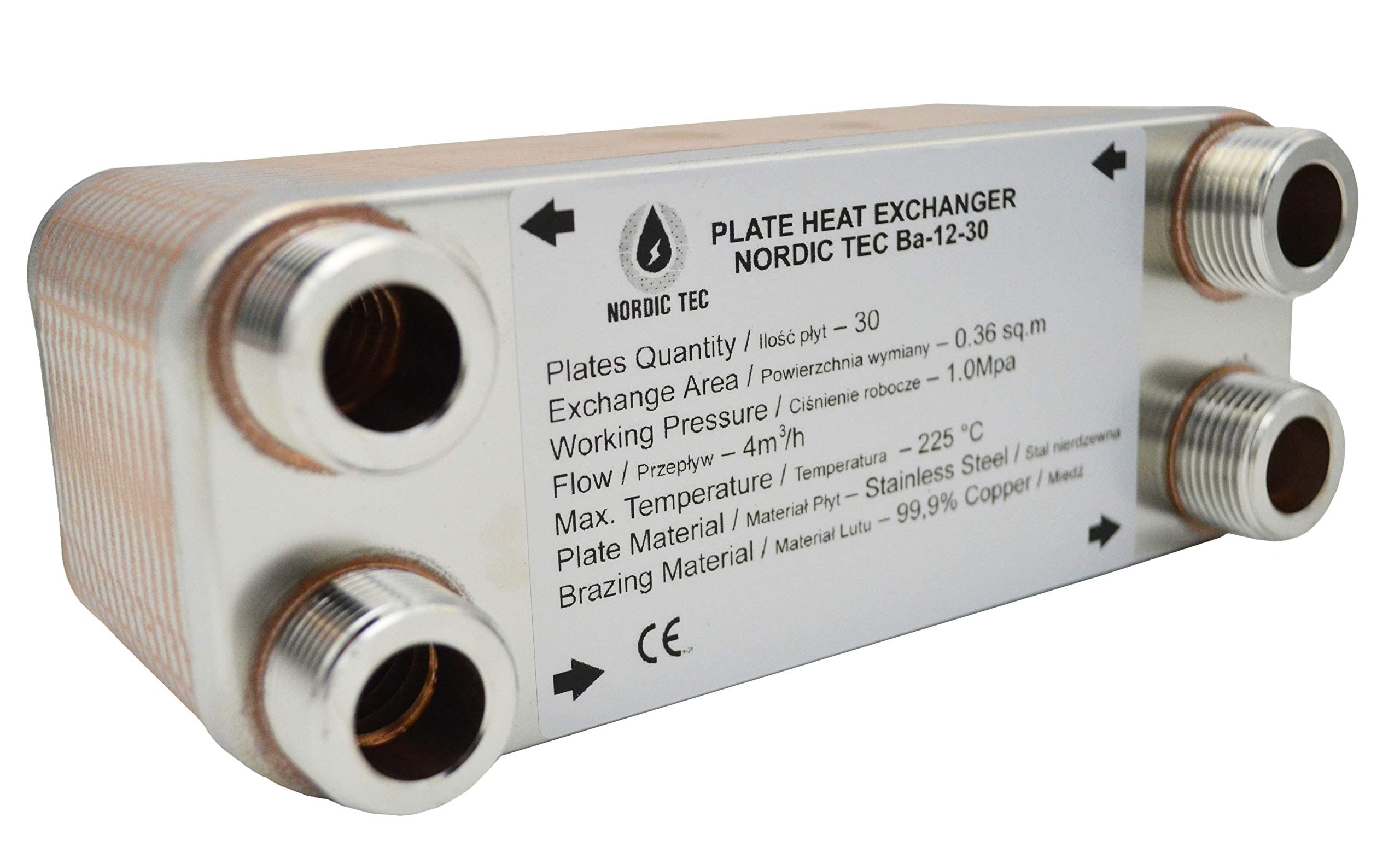 Intercambiador de calor Nordic Tec Ba-12-30 de acero inoxidable, 30 placas, 65 kW, 3/4" con fijación a pared y piezas de conexión.