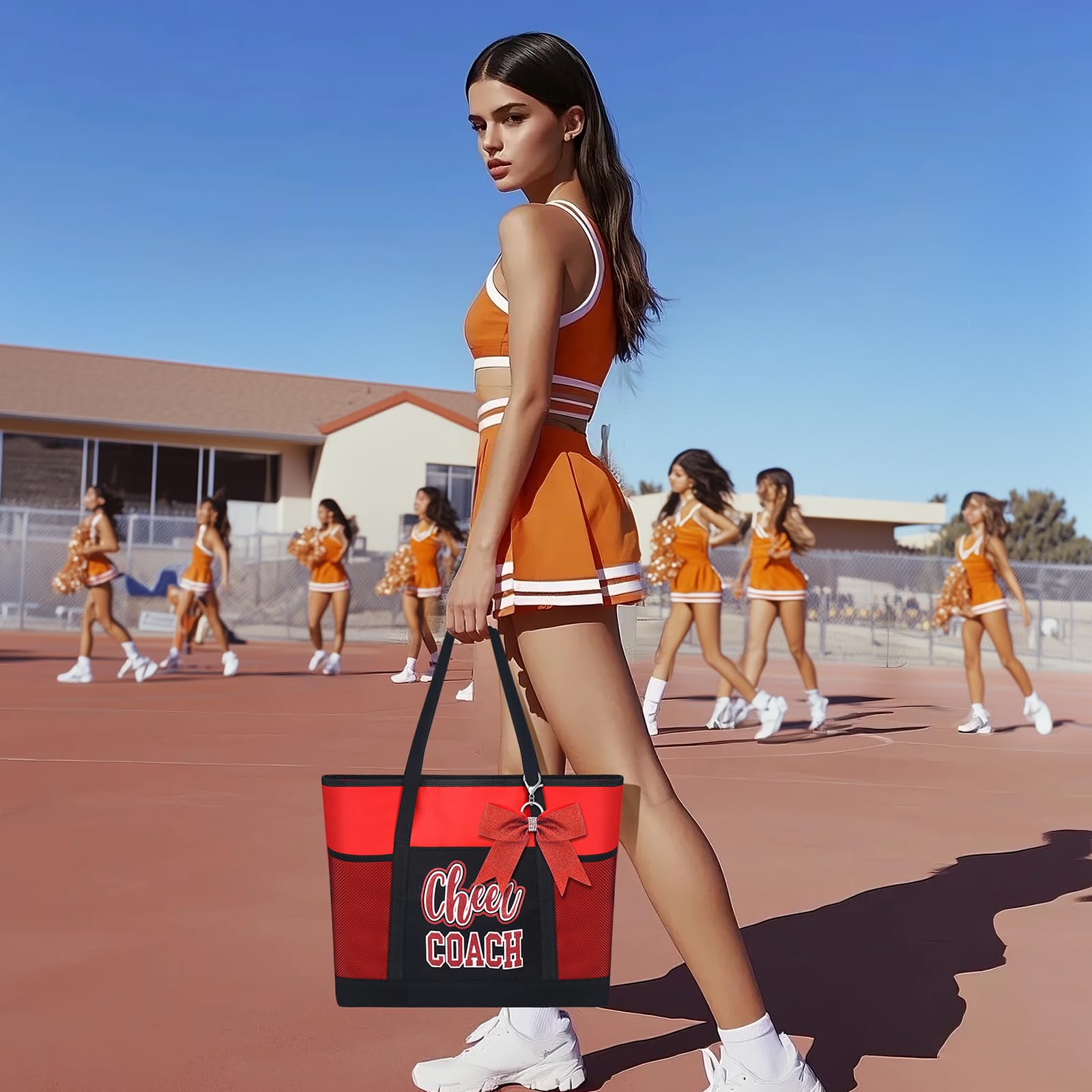 Cheer Coach Tote Bag for Women with Keychain Bow, 19.6x13.7x3.93'' Cheerleader Coach Bag Cheerleading Gift