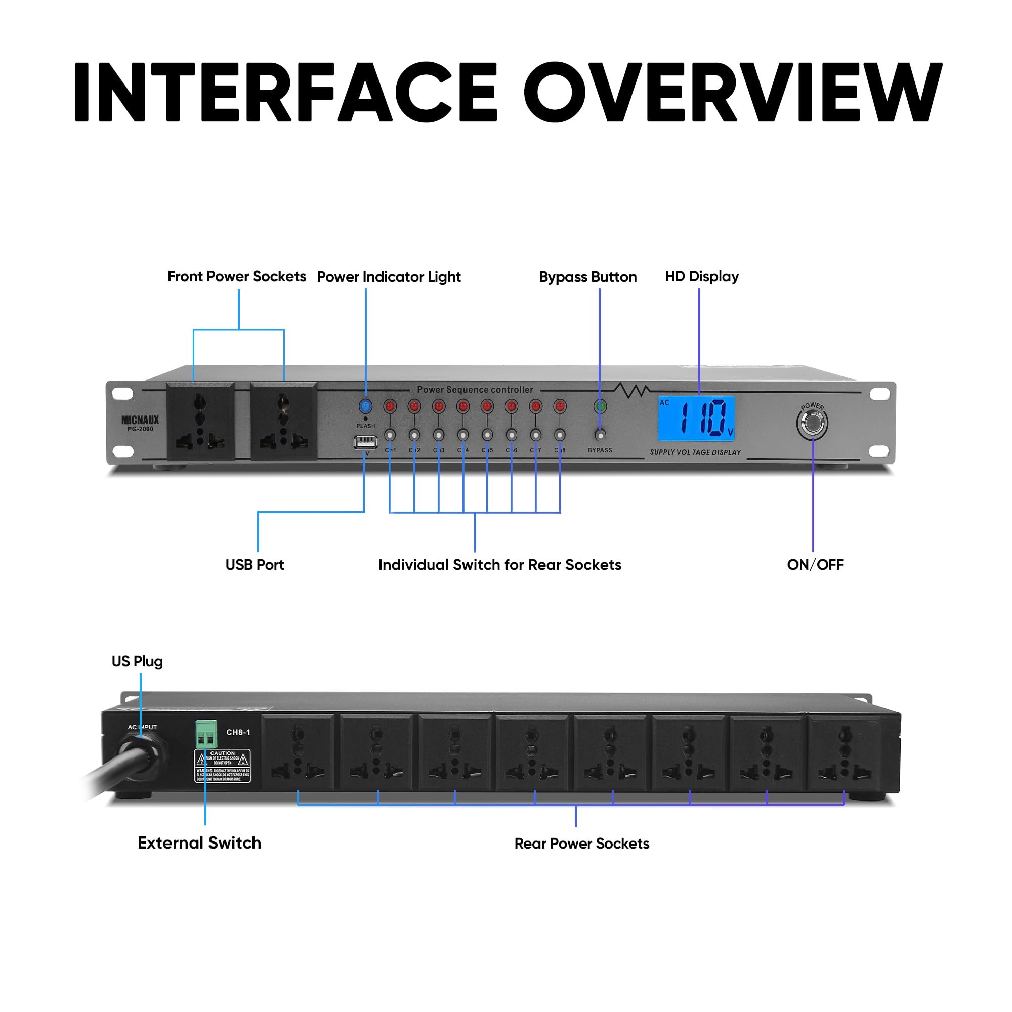 20A Rackmount Sequenzer Power Conditioner für Audiogeräte 10 2000W Netzstecker mit 8 unabhängigen Steuerungen, Überspannungsschutz