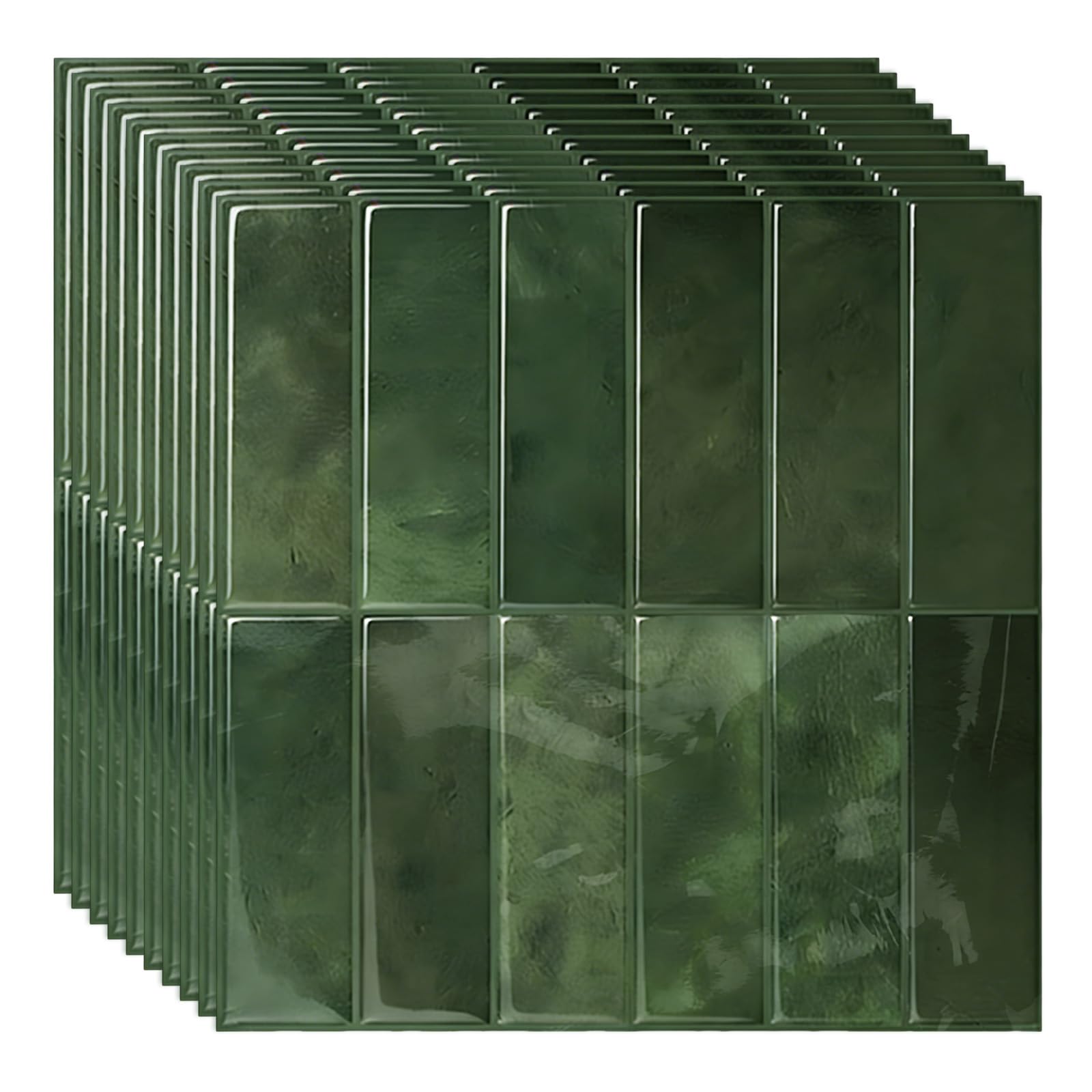 10pcs Self Adhesive Wall Tiles,20x20cm Dark Green Striped Brick Shape Stick on Wall Tiles,Waterproof Peel and Stick Backsplash for Kitchen,Bathroom, Shower Walls & Living Room (20x20cm-green)