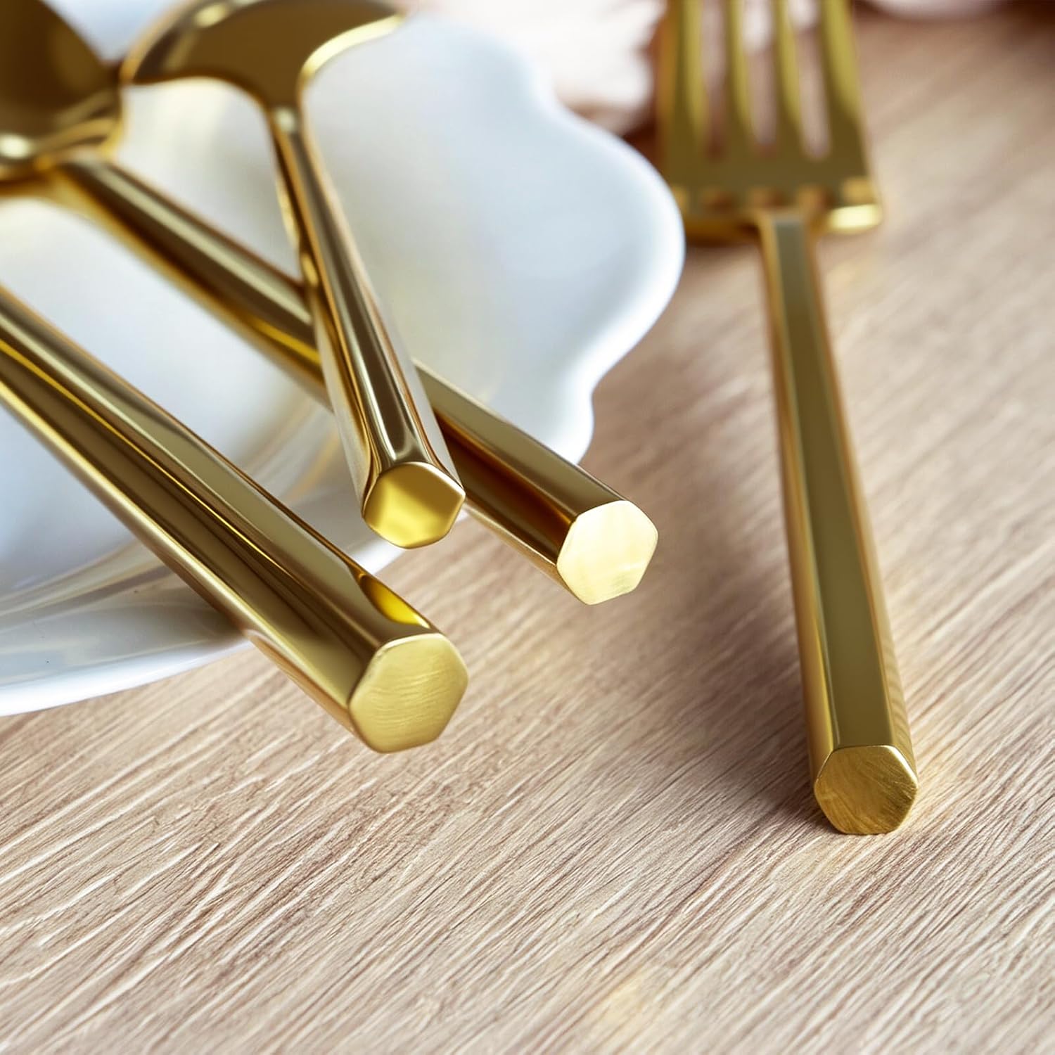 Gold Silverware Set 60 Pieces Hexagon Handle Service for 12 image 5