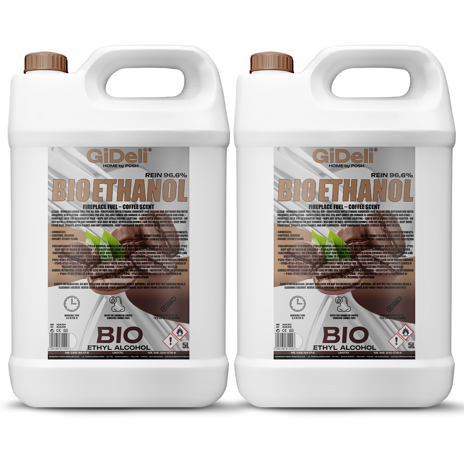 GiDeli Bioetanolo 2 x 5 l profumo di caffè 96,6% etanolo per camini interni ed esterni, senza fumo e fuliggine, da mais e barbabietola da zucchero