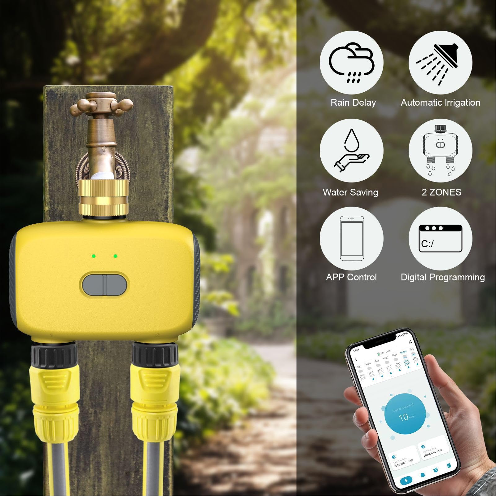 Timer per Irrigazione A 2 Zone, Controllo Tramite App Wifi, Programmabile, Impermeabile Ipx5, Intelligente, Bt, per Cortile, Prato, Piscina, Giardino, Irrigazione Temporizzata
