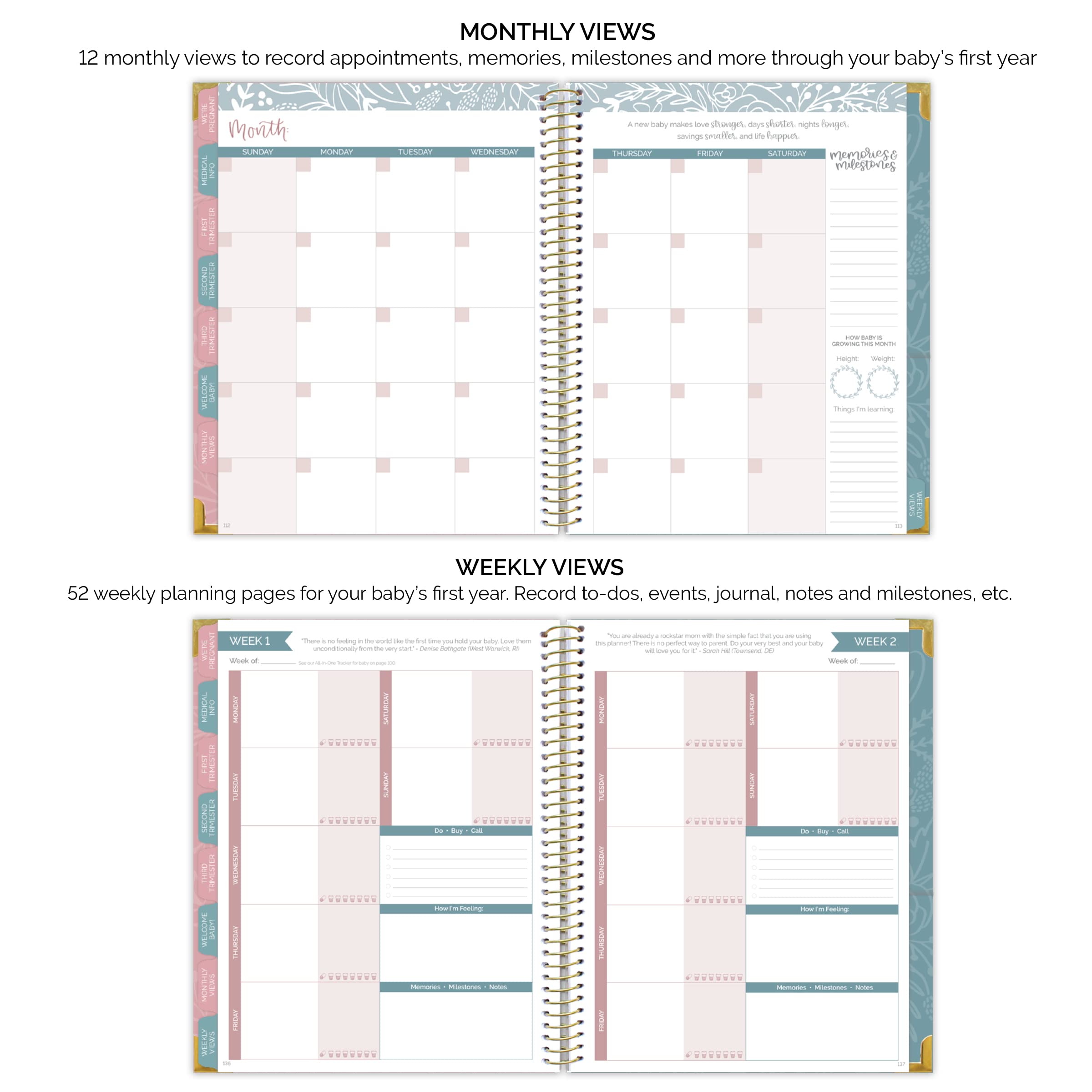 bloom daily planners Nowy kalendarz ciążowy i na pierwszy rok dziecka, planer i pamiętnik z naklejkami, twarda okładka, organizer, do scrapbookingu, bez daty, 20 x 25 cm, The Story of You