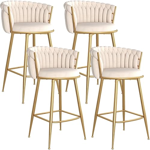 Counter Height Stools Set of 4, Velvet Bar Stools with 27 Inches Upholstered Seat Height, Handmade Woven Back Armrest, Sturdy Golden Metal Legs for Home Dining Pub Kitchen Island, Beige