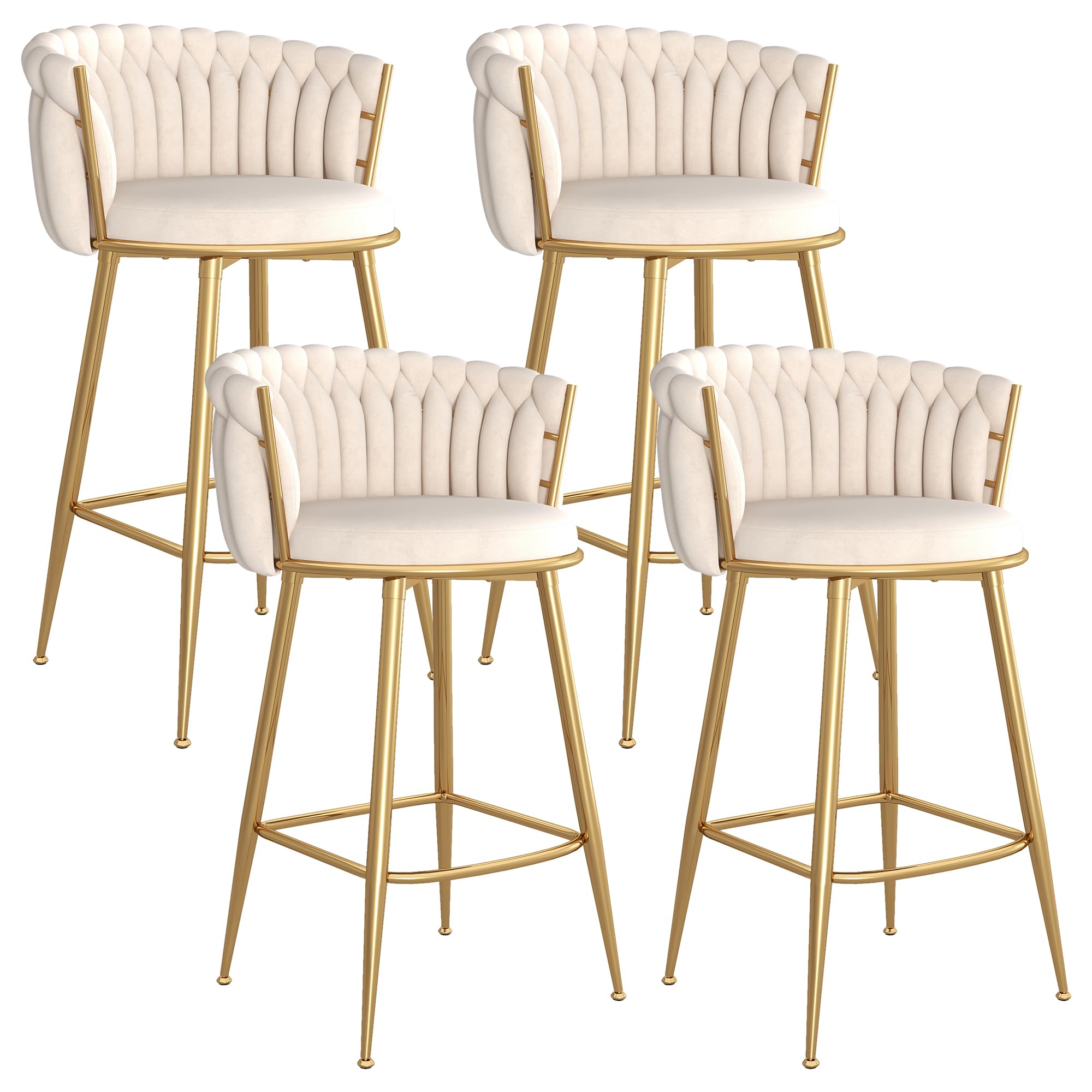 GOOLON Counter Height Stools Set of 4, Velvet Bar Stools with 27 Inches Upholstered Seat Height, Handmade Woven Back Armrest, Sturdy Golden Metal Legs