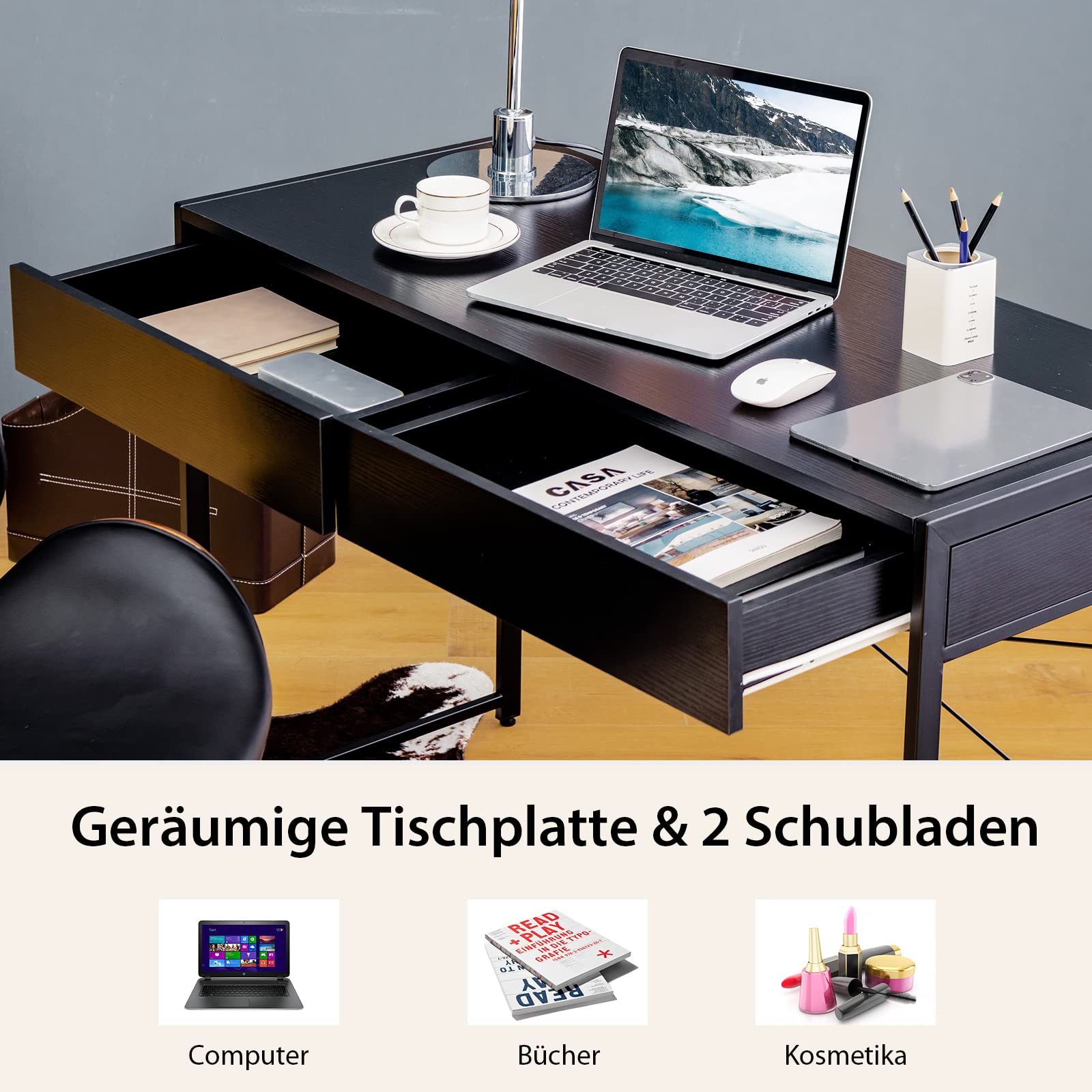 COSTWAY Schreibtisch, Computertisch mit 2 Schubladen, Kleiner Bürotisch, Metall, Industrie-Design, PC Tisch für Arbeitszimmer, Homeoffice, Büro, 112 x 48 x 76 cm (Schwarz)