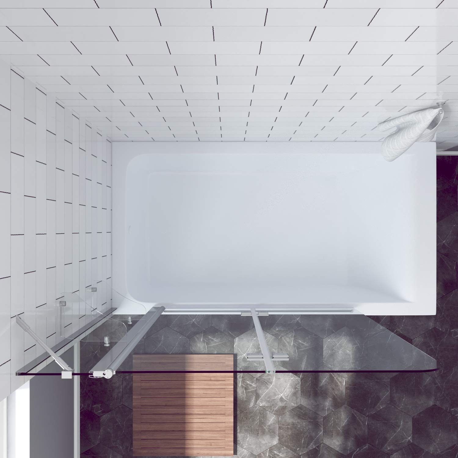 Duschwand Glas für Badewanne 130 x 140 cm Badewannenaufsatz Duschabtrennung Faltwand Falttür mit Festteil und Duschablagen aus 5mm Einscheiben Sicherheitsglas ESG mit Nanobeschichtung | AQUABATOS