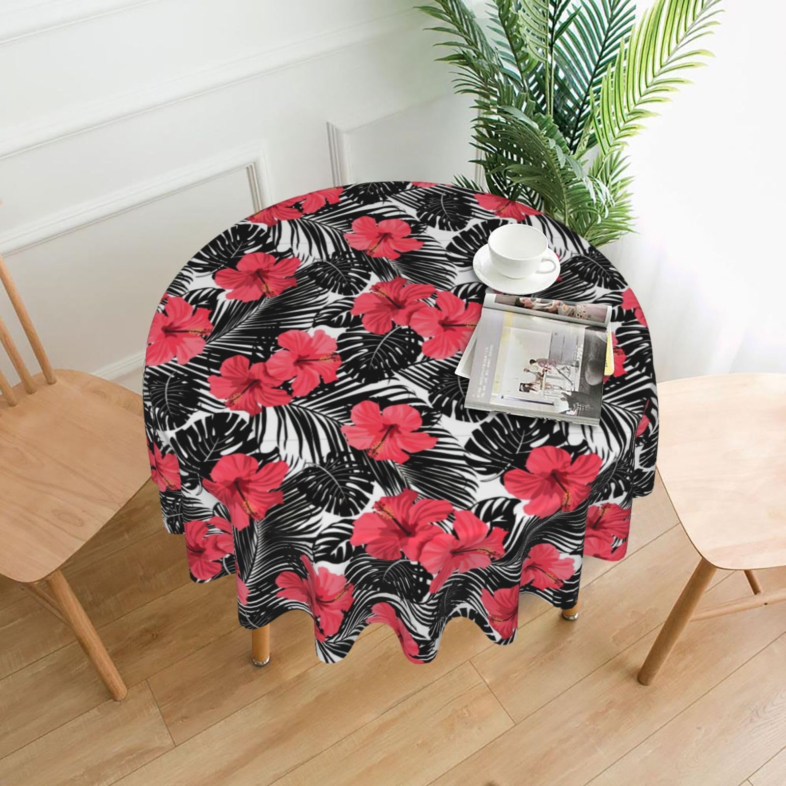 YYHHAOFA Red Hibiscus Prints 60in Round Decorative Tablecloth – High-Grade Polyester Throw Cover for Dining, Parties, and Outdoor Events