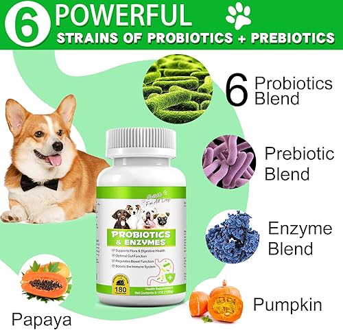 Miniatura 4 de Probióticos para perros, 180 probióticos masticables para perros y enzimas digestivas, promueve la salud intestinal, para el apoyo intestinal, salud