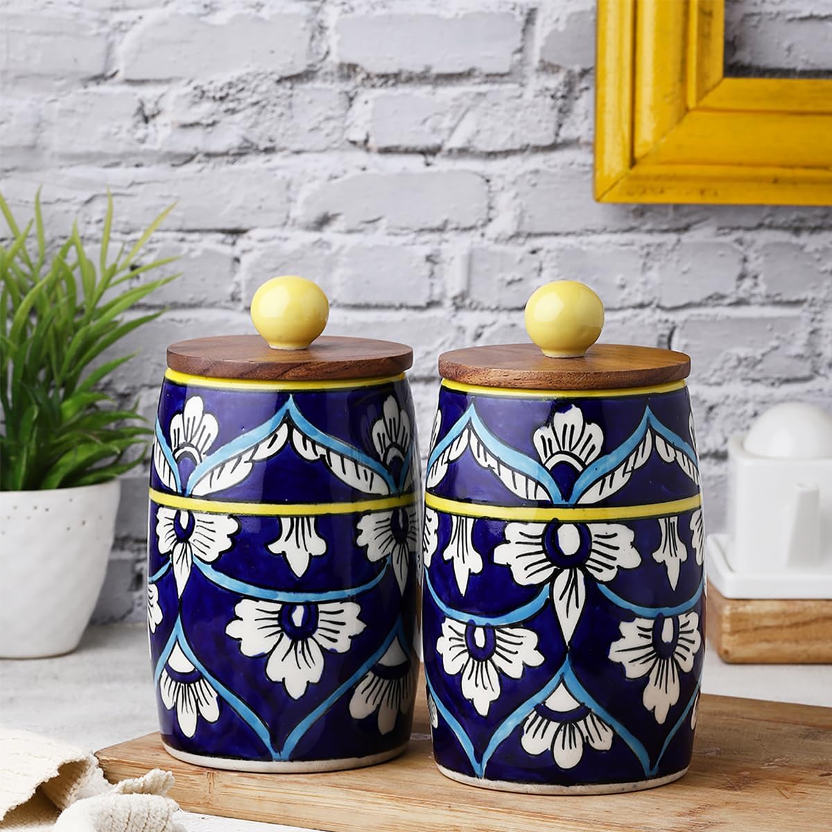 VarEesha Hand-made Hand Painted Blue Floral Dholak Ceramic Jars with Wooden Lids| Airtight Kitchen Containers for Pickles, Cookies, Chutney,Dry Fruits| Leak Proof Ceramic Barni|450 ML (Set of 2)