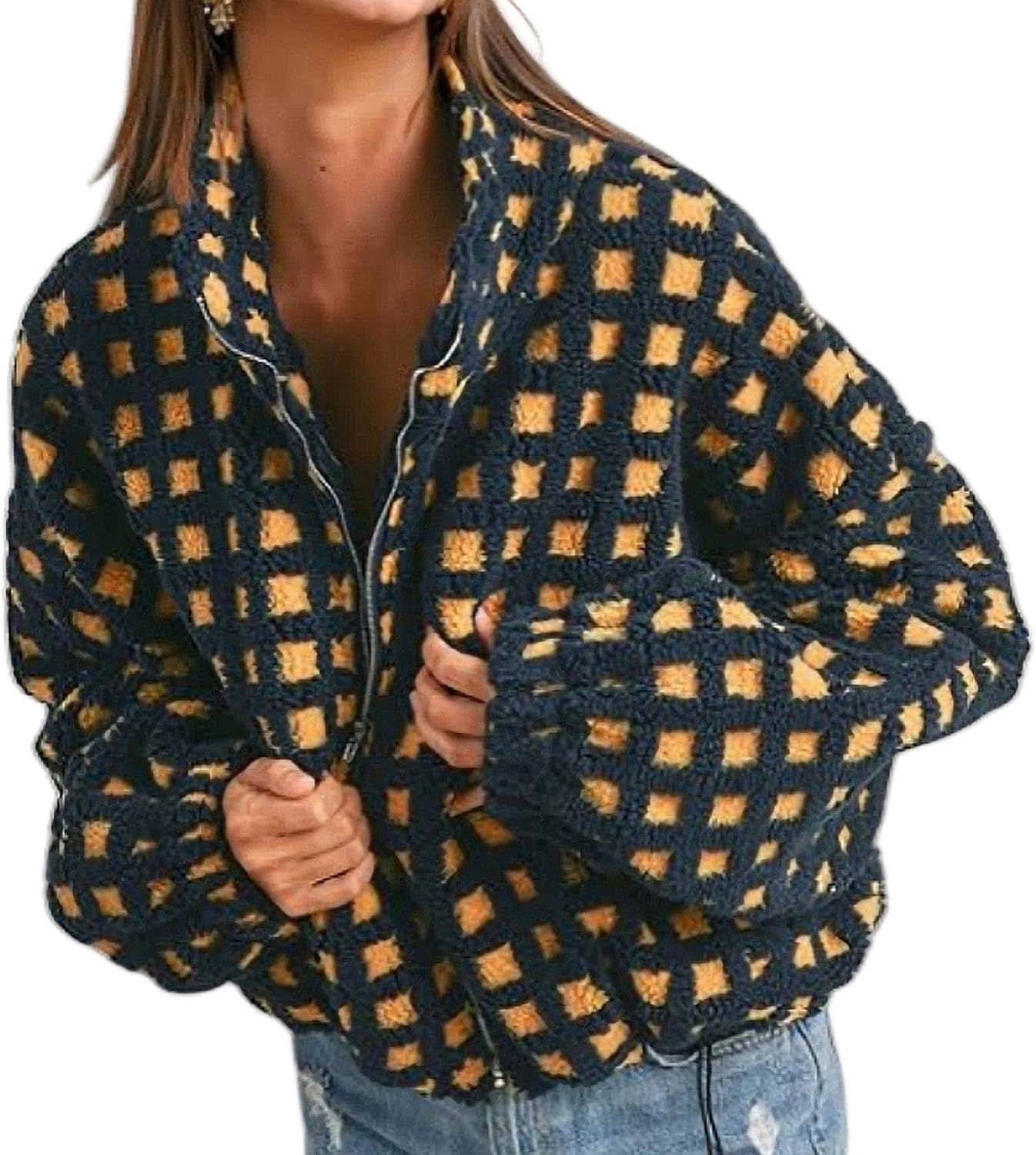 utcoco Women's Casual Cropped Sherpa Fleece Plaid Jacket Zip Up Chunky Teddy Checkered Coat Outerwear