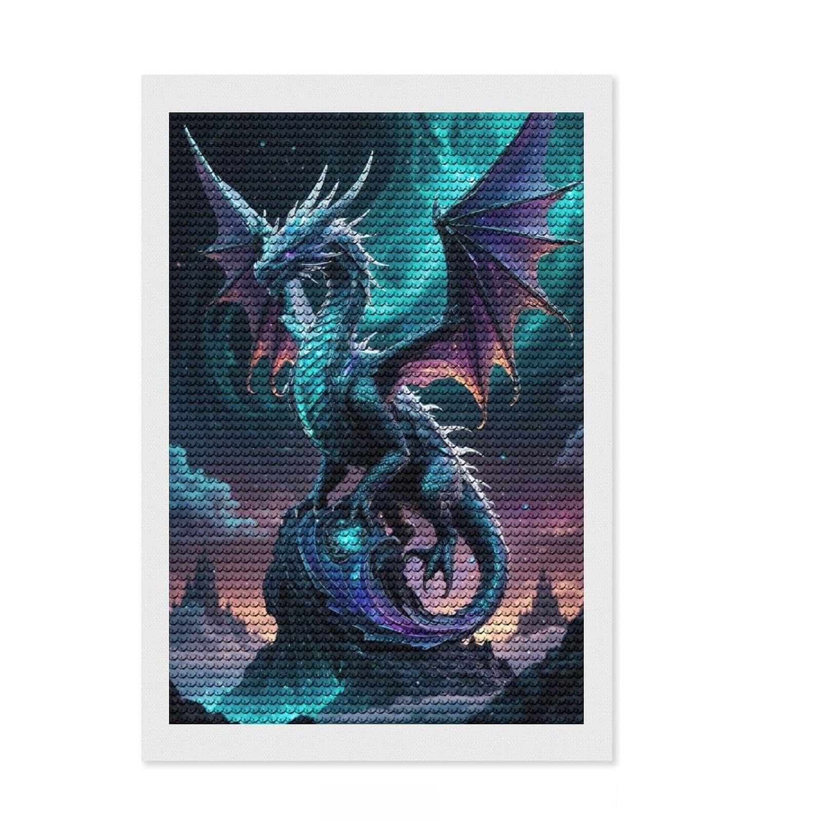 Junmoney Celestial Ice Dragon Perched on Astral Peak Diamond Art Kit 8"x12", Neat Printed Canvas, Easy to Follow Symbols, Easy Handmade Project, Living Room Decor