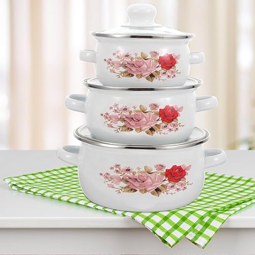 Miniatura 3 de Yardwe Juego de 3 ollas esmaltadas con tapa, olla de cocina retro floral a fuego lento, olla de sopa de esmalte profundo para restaurante casero