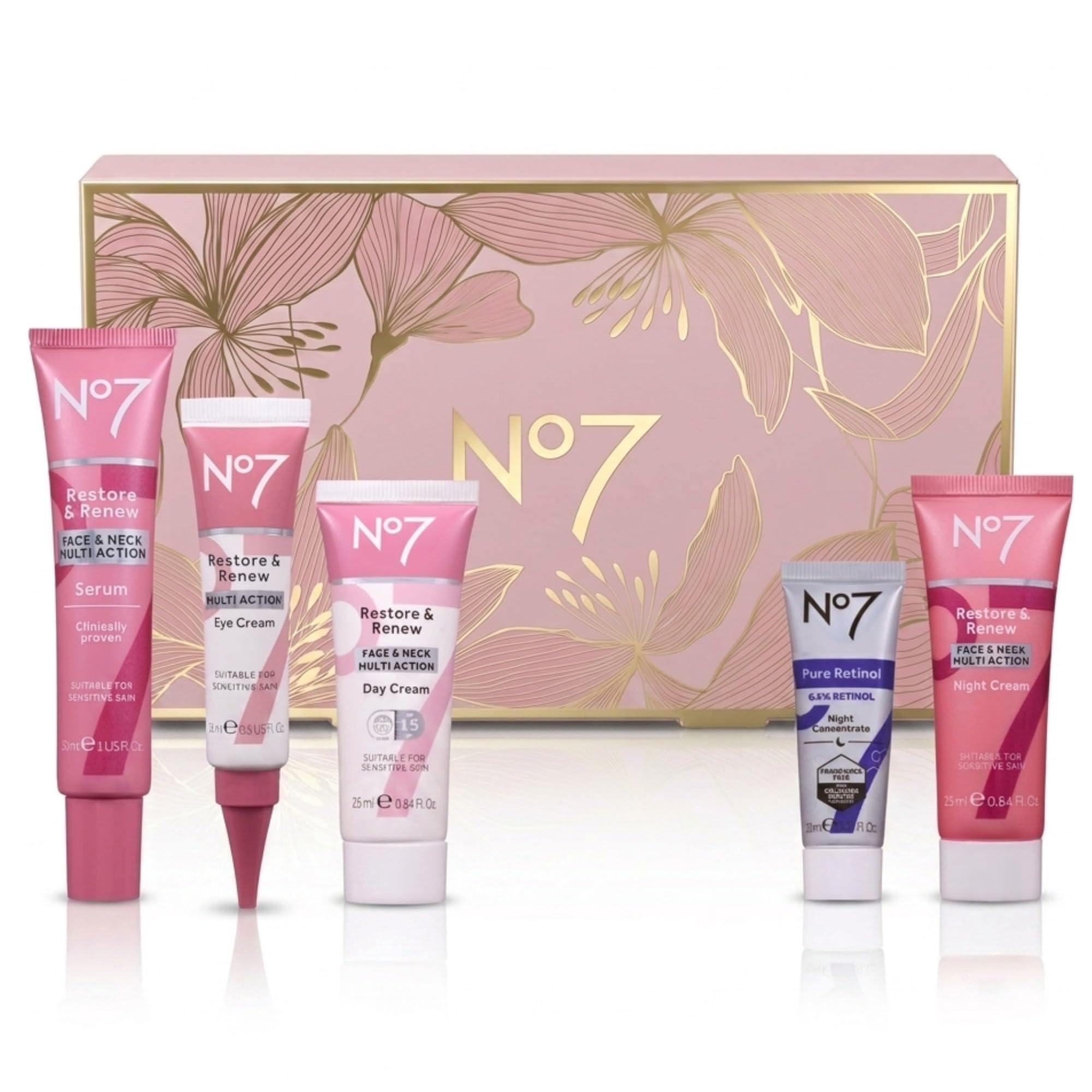 No7 Restore & Renew Anti-Aging Geschenkset - Hautpflege, 5-teilig | Gesichtsserum 30 ml, Tagescreme 25 ml, Nachtcreme 25 ml, Augencreme 15 ml, Retinol 10 ml, wirkt gegen Falten