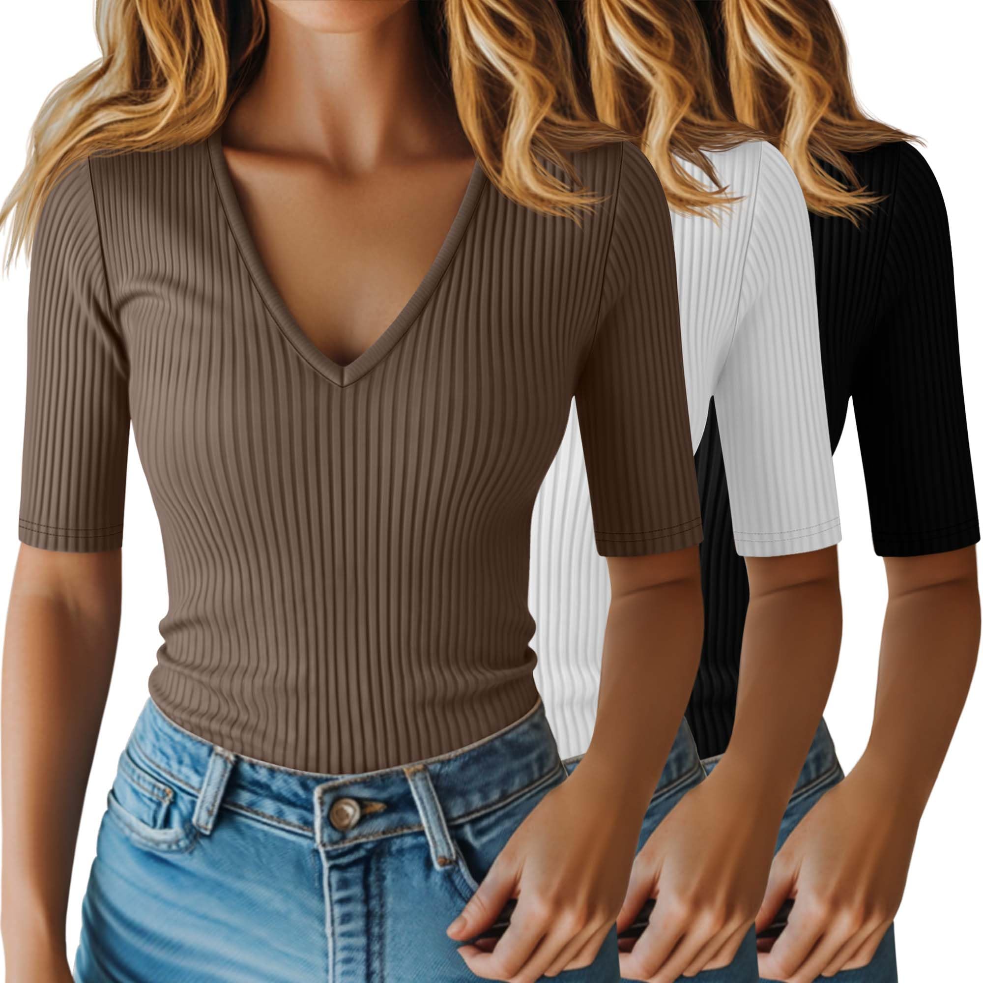 Riyiper Lot de 3 Hauts pour Femme à Manches mi-Longues Jusqu'au coude en Coton côtelé col en V Coupe ajustée