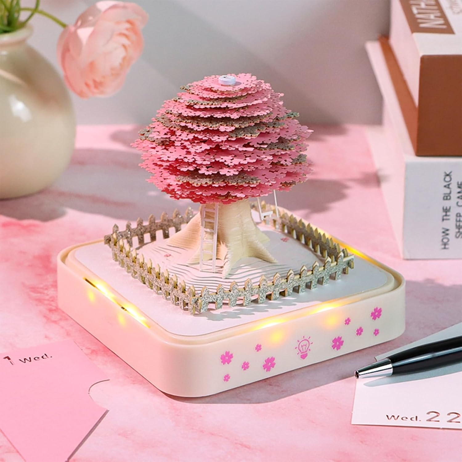 Time Piece Calendar, 2026 Desk Calendar with LED Light, 3D Tear-away Paper Carving Art Memo Pad Notepad Gift for Christmas Housewarming Desktop Decoration (With Calendar & Light)