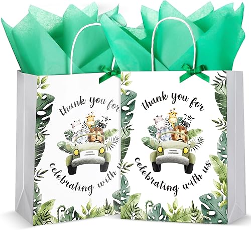 Miniatura 1 de Seajan Paquete de 24 bolsas de recuerdo de fiesta de animales de safari de selva para baby shower, 10.63 x 8.27 pulgadas, tamaño mediano con asa