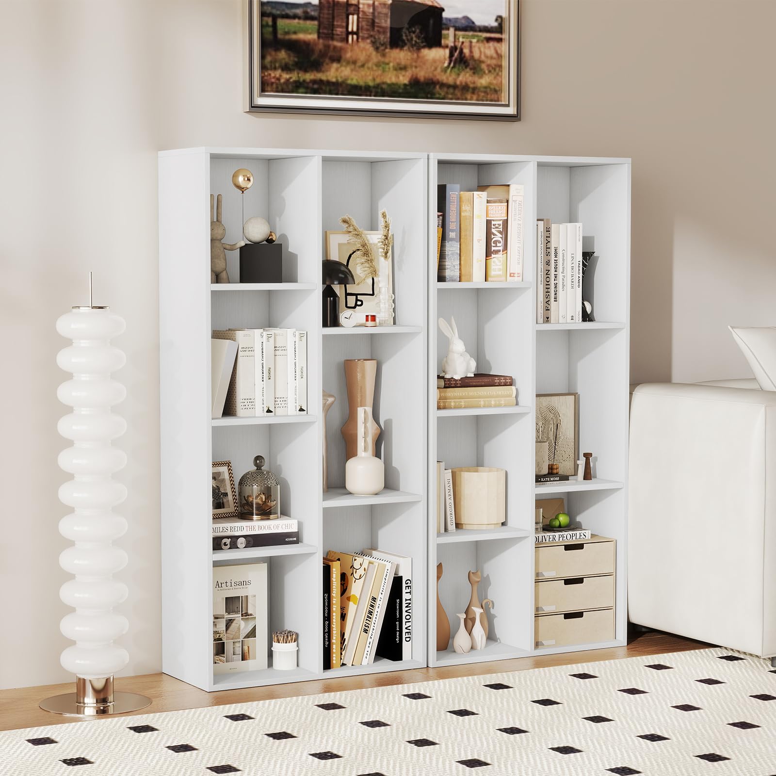 KOMFOTTEU Librería Abierta con 7 Cubos, Estantería para Libros Vertical y Horizontal, Mueble de Almacenamiento de Madera con 2 Kits Antideslizantes, para Salón Oficina, 49,5 x 23 x 106 cm (Blanco)
