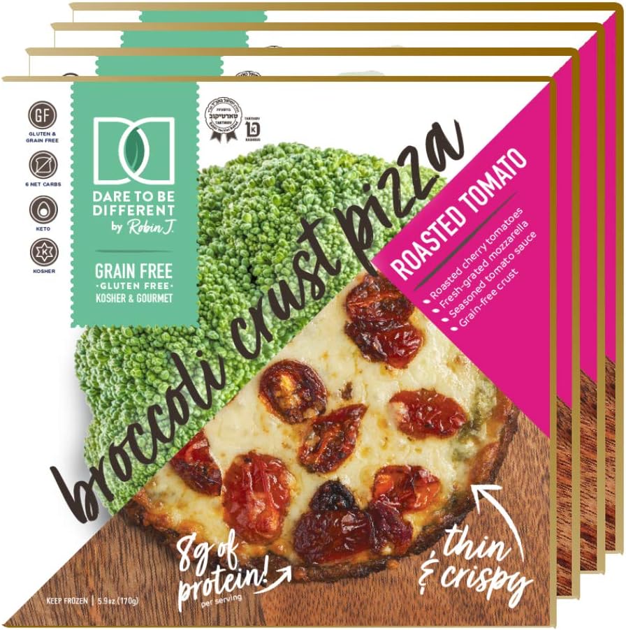 Dare to Be Different Frozen Broccoli Crust Roasted Tomato Pizza - Gluten Free, Grain Free, Low Carb, Slim, Thin, and Crispy Plant Based Kosher - Perfect Pizzas for Keto and Paleo Diet (4-Pack)