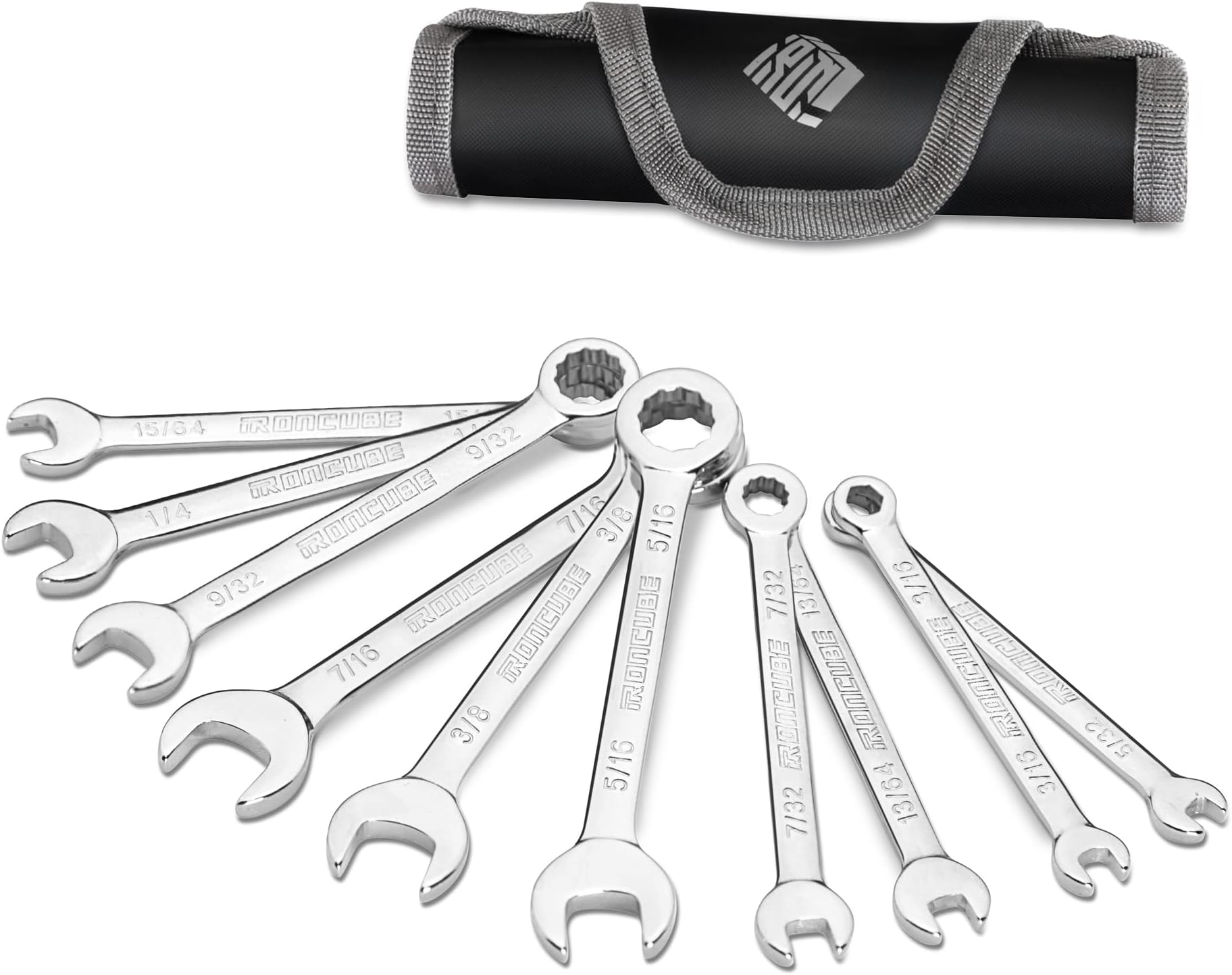 ironcube Mini Wrench Set, Midget Combination Wrench Set, 10-Piece, SAE, 5/32" - 7/16", Lightweight, with Rolling Pouch