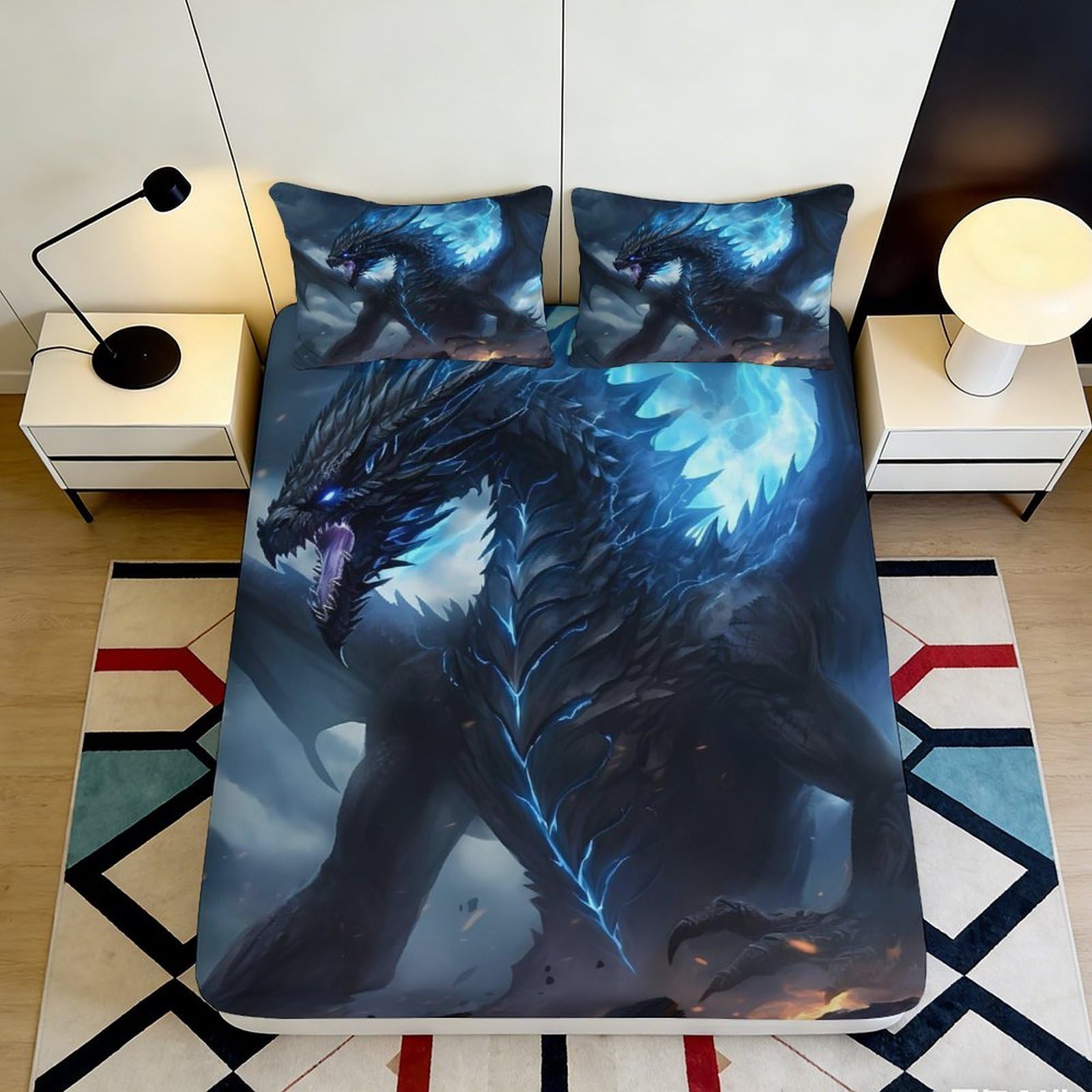Pnayamiorkfel Style-4 3D Printed Dark Dragon Fitted Sheet Microfiber Soft Breathable Blue Lightning Bed Sheet For Bedroom Guest Room Decor 90X200x25cm