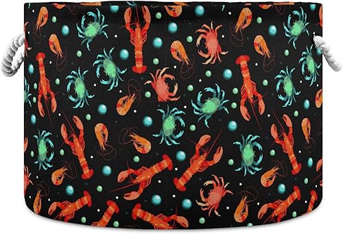 Sea Animals Lobster Crab Round Collapsible Waterproof Decorative Baskets with Sturdy Handle Decorations for Closet Room Shoe