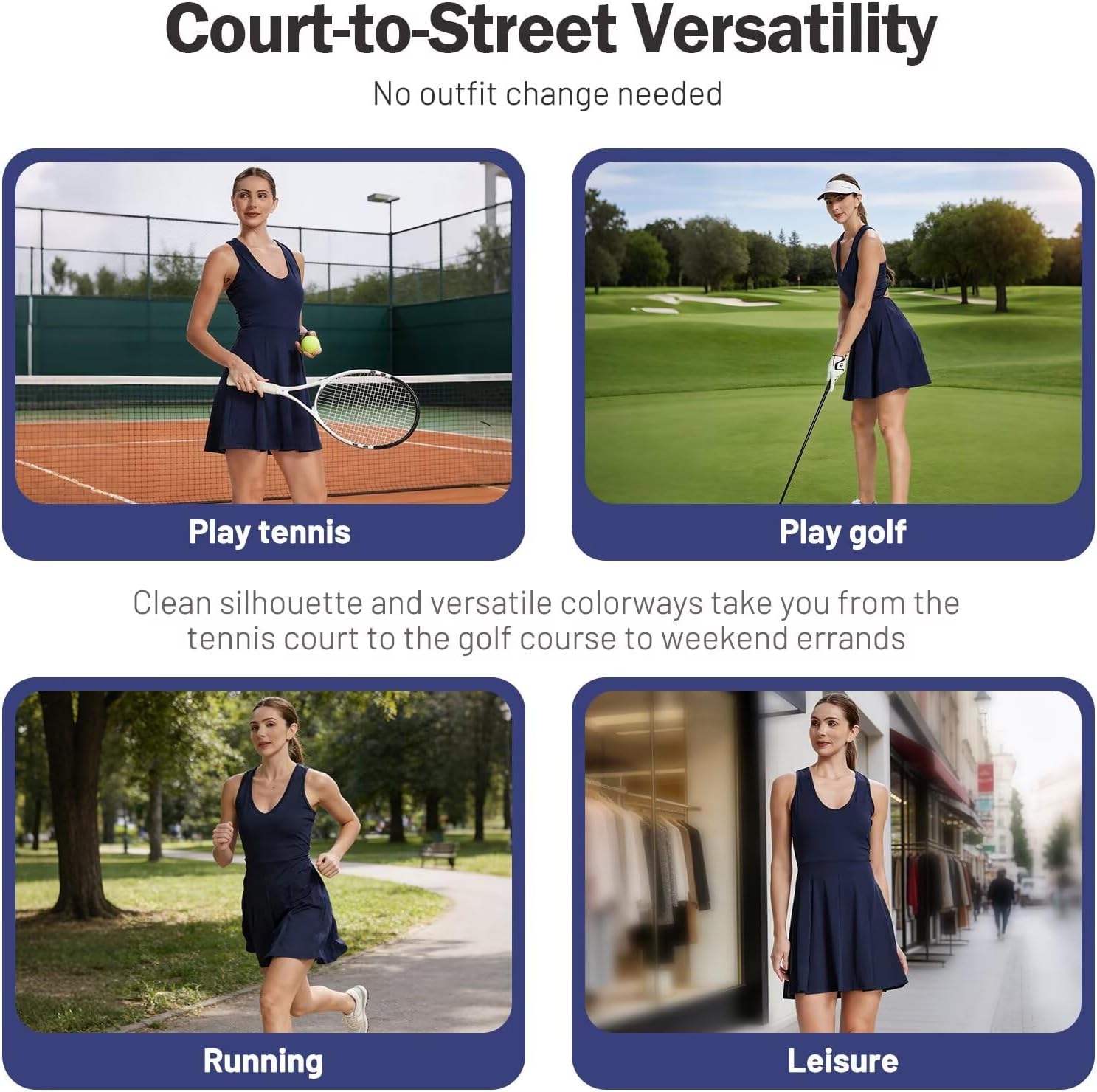 Women's Tennis Golf Dress, Pleated A-Line Racerback with Removable Padding & Detachable Shorts with Pockets