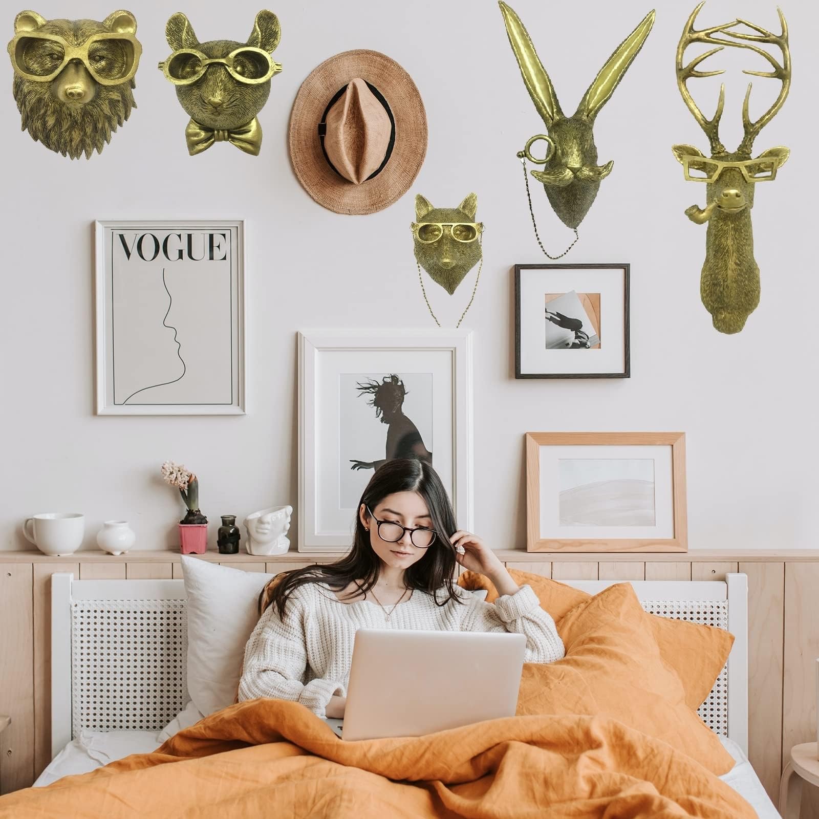 Decorazione da parete con testa di animale, decorazione da parete con testa di cervo, decorazione da parete con testa di cervo/coniglio/topo/orso/volpe in resina di rame antico, decorazione da parete