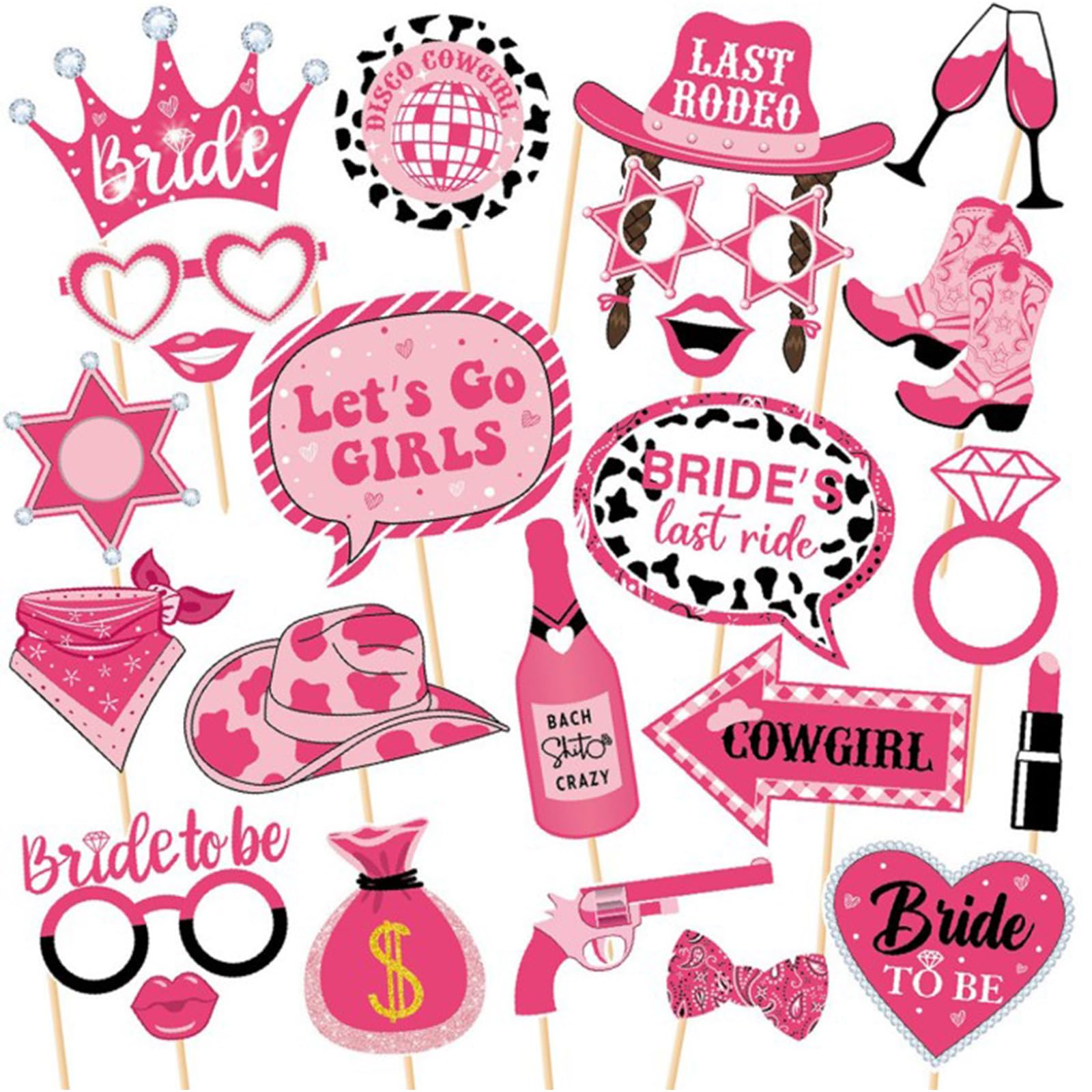 Hsc Women's Pink 25Pcs Cowgirl Hen Party Photo Props, Cowgirl Hen Do Props, Rodeo Party Decorations For Bachelorette