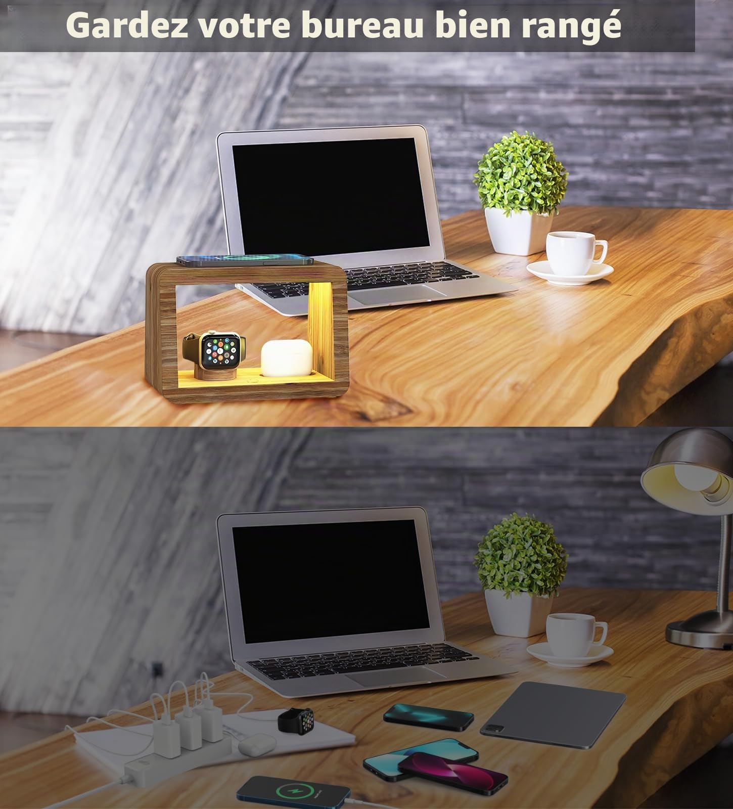 Station de charge sans fil, lampe de bureau Alltripal 15 W, chargeur rapide sans fil, veilleuse avec 3 couleurs et luminosité réglable, station de charge pour iPhone/Apple Watch/AirPods/AirPods Pro