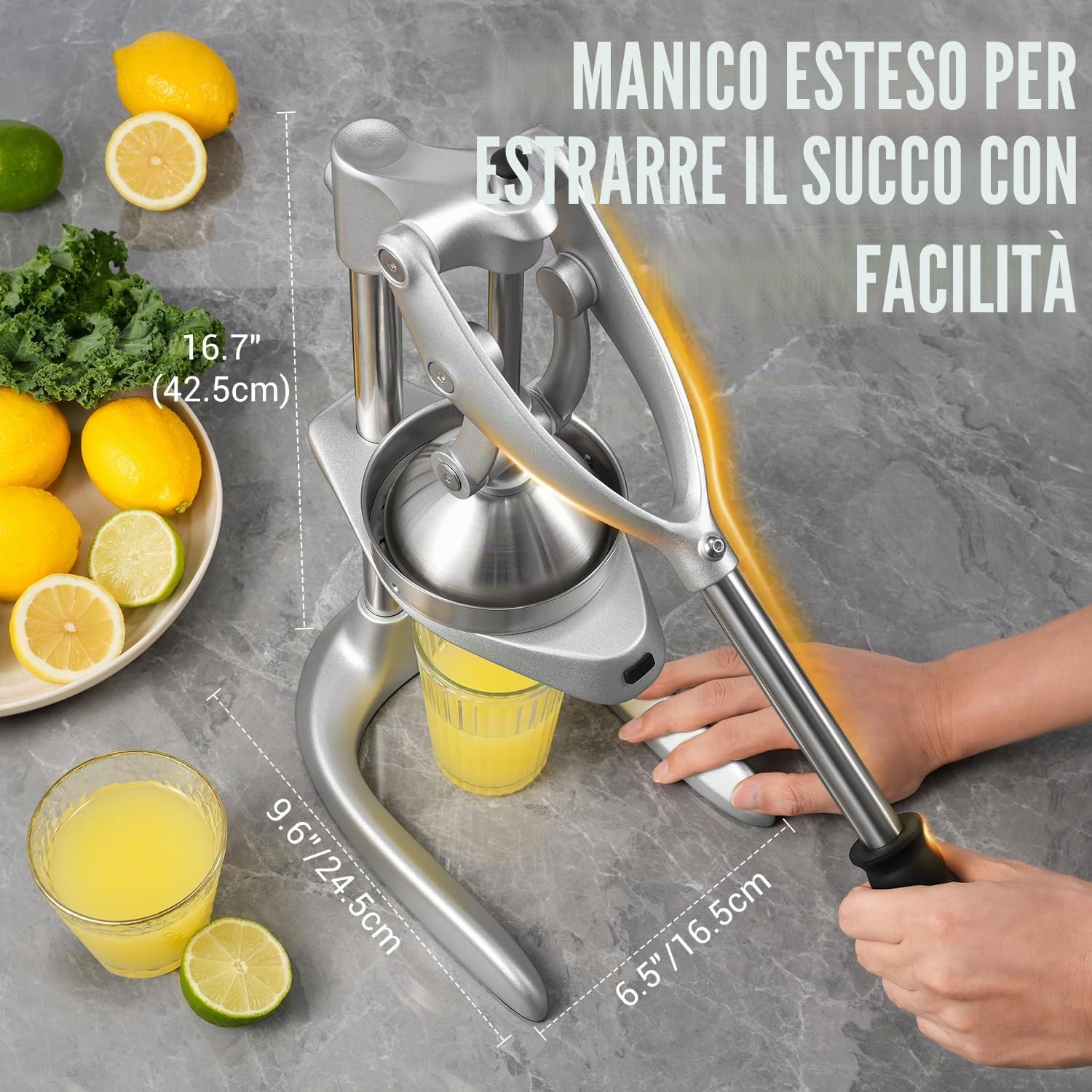 Sopito Spremi Melograno Manuale, Spremiagrumi Manuale Acciaio Inox, Spremiagrumi a Leva per Arance, Limoni, Melograno, Pompelmi, Argento