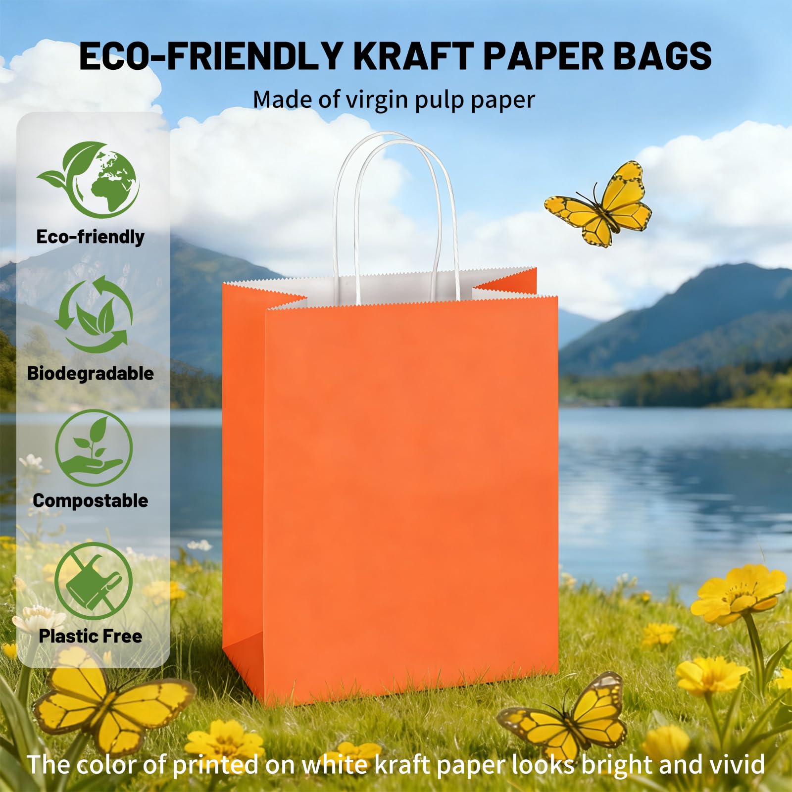 Mlyta 100 Pack 8x4.75x10 Inch Medium Orange Kraft Paper Gift Bags with Handles Bulk for Goodie, Party Favor, Brithday Grocery Shopping, Small Business Wedding Retail Craft Treat, Merchandise Sacks
