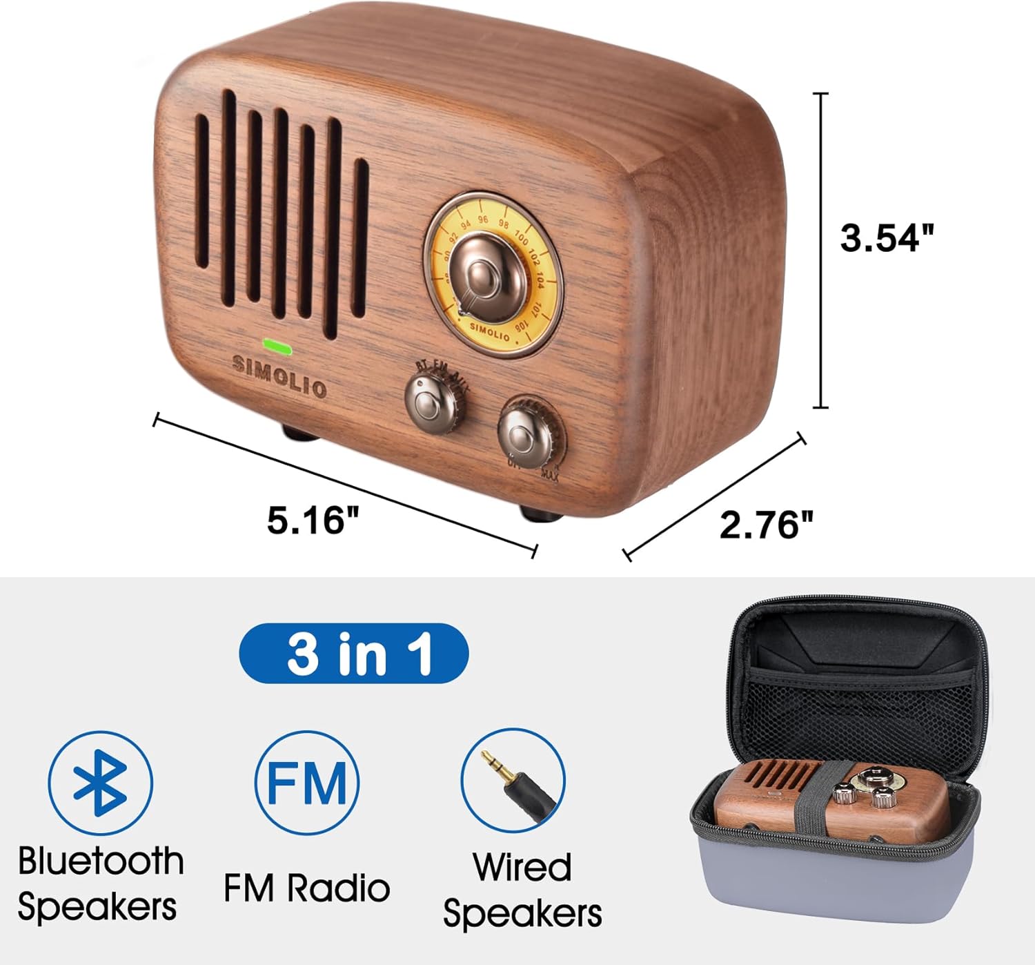 Image showing the dimensions of the SIMOLIO Retro Bluetooth Speaker: 5.16 inches length, 2.76 inches width, 3.54 inches height.