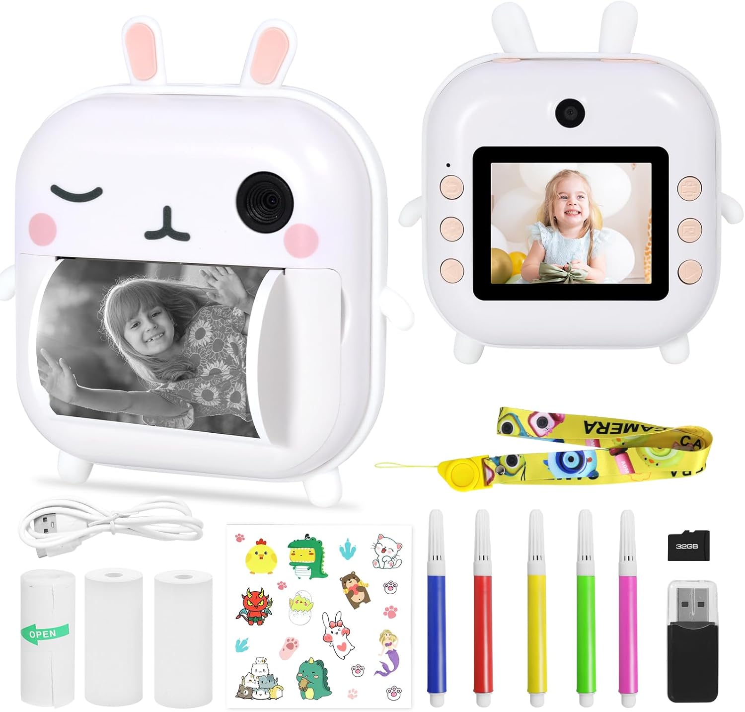 AURTEC Instant Camera for Kids, Mini Thermal Printing Camera, No Ink Required, 48MP Dual Camera,1080P HD Video, 32G TF Card, 3 Print Paper, 2.4 Inch Color Screen, Cute Animal Cartoon Design, Rabbit